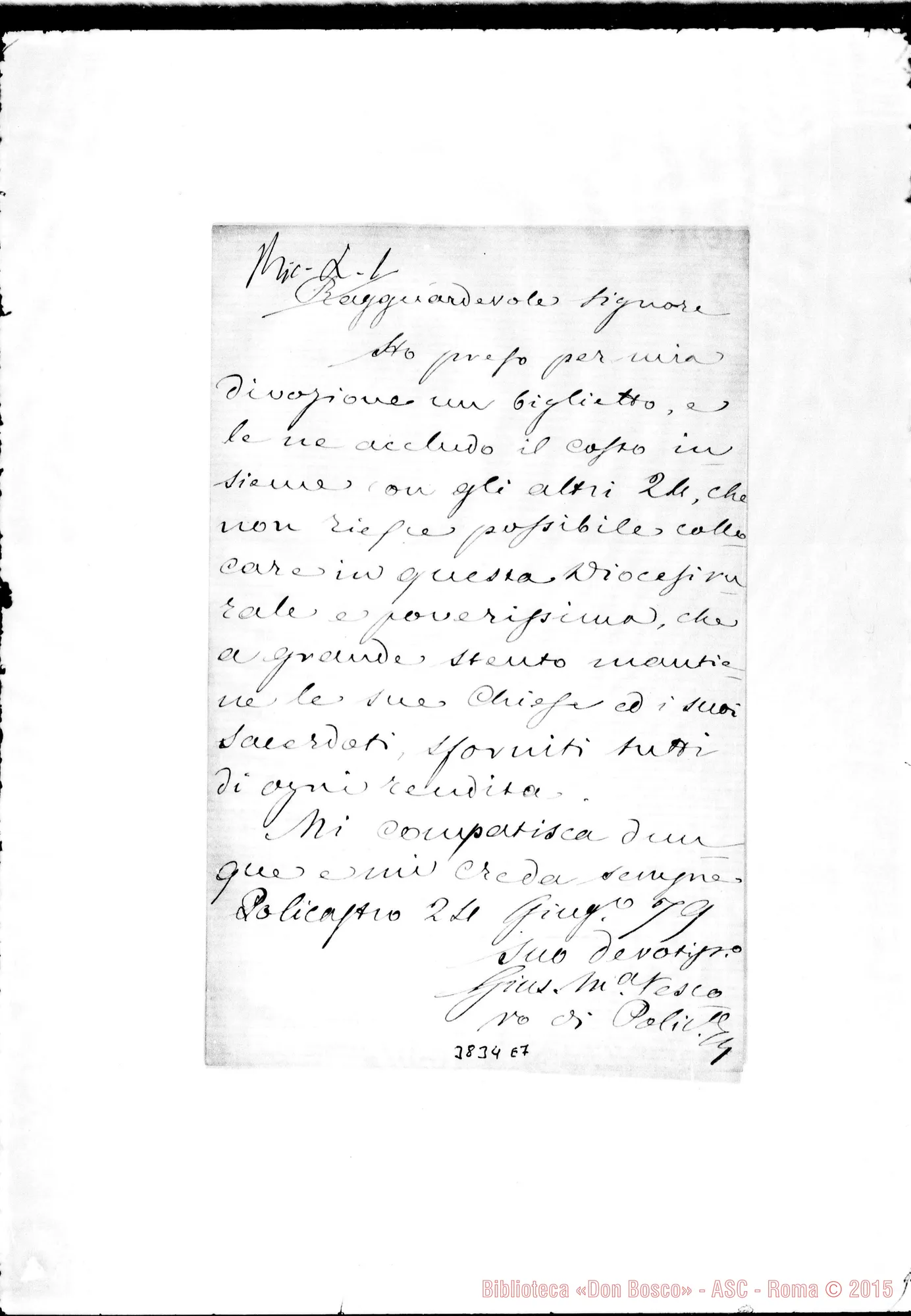 Fotogramma E 7 — Policastro: Giuseppe Maria Cione, vesc.-Rev.do Signore. Policastro, 24-06-1879