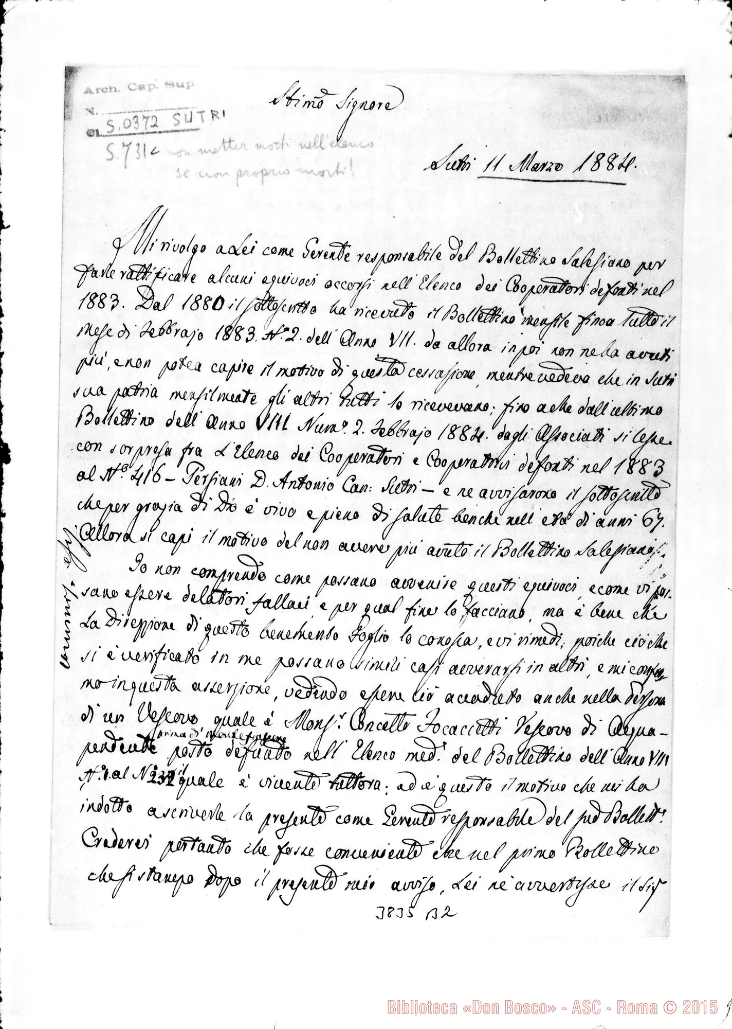Fotogramma B 2 — Sutri: Canonico Antonio Persiani-Gerente del Boll. Sai.. Sutri, 11-03-1884
