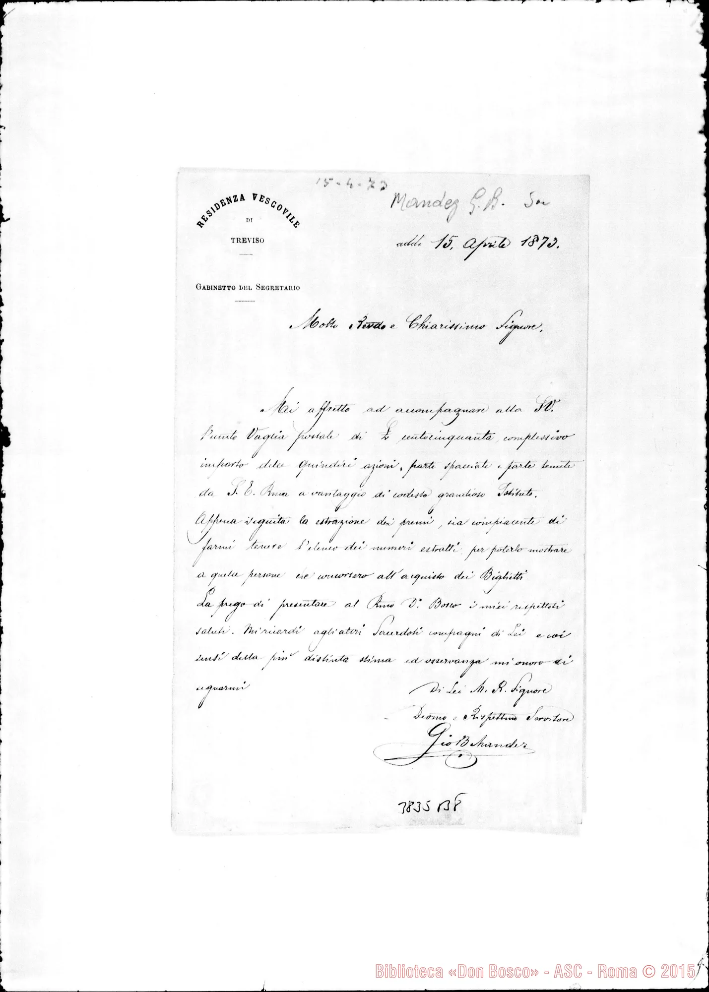 Fotogramma B 8 — Treviso: Don Giov. Batt. Mandez-Chiar.mo Signore. Treviso, 15-04-1873