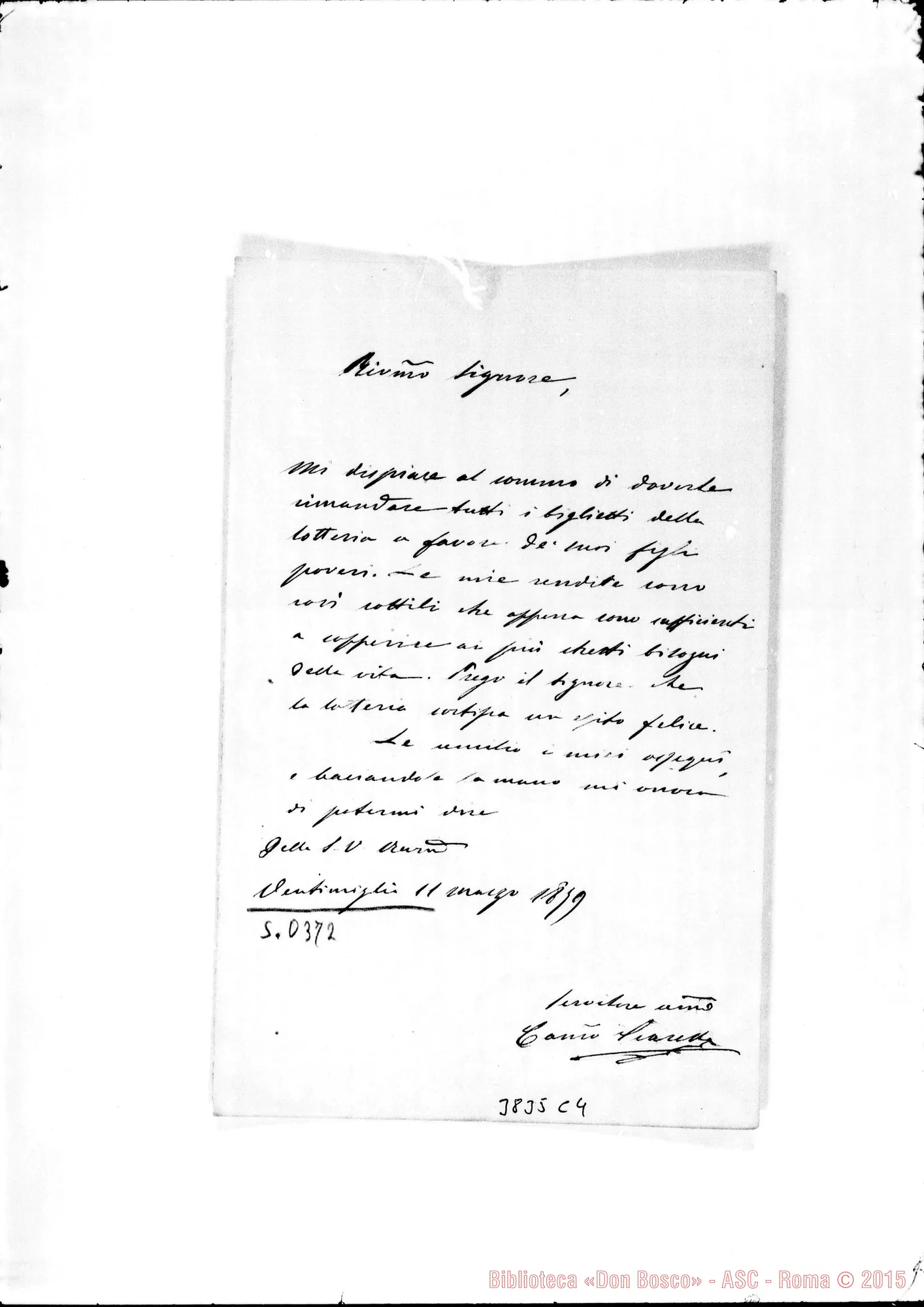 Fotogramma C 4 — Canonico Giarella-Rev.mo Signore. Ventimiglia, 11-03-1879