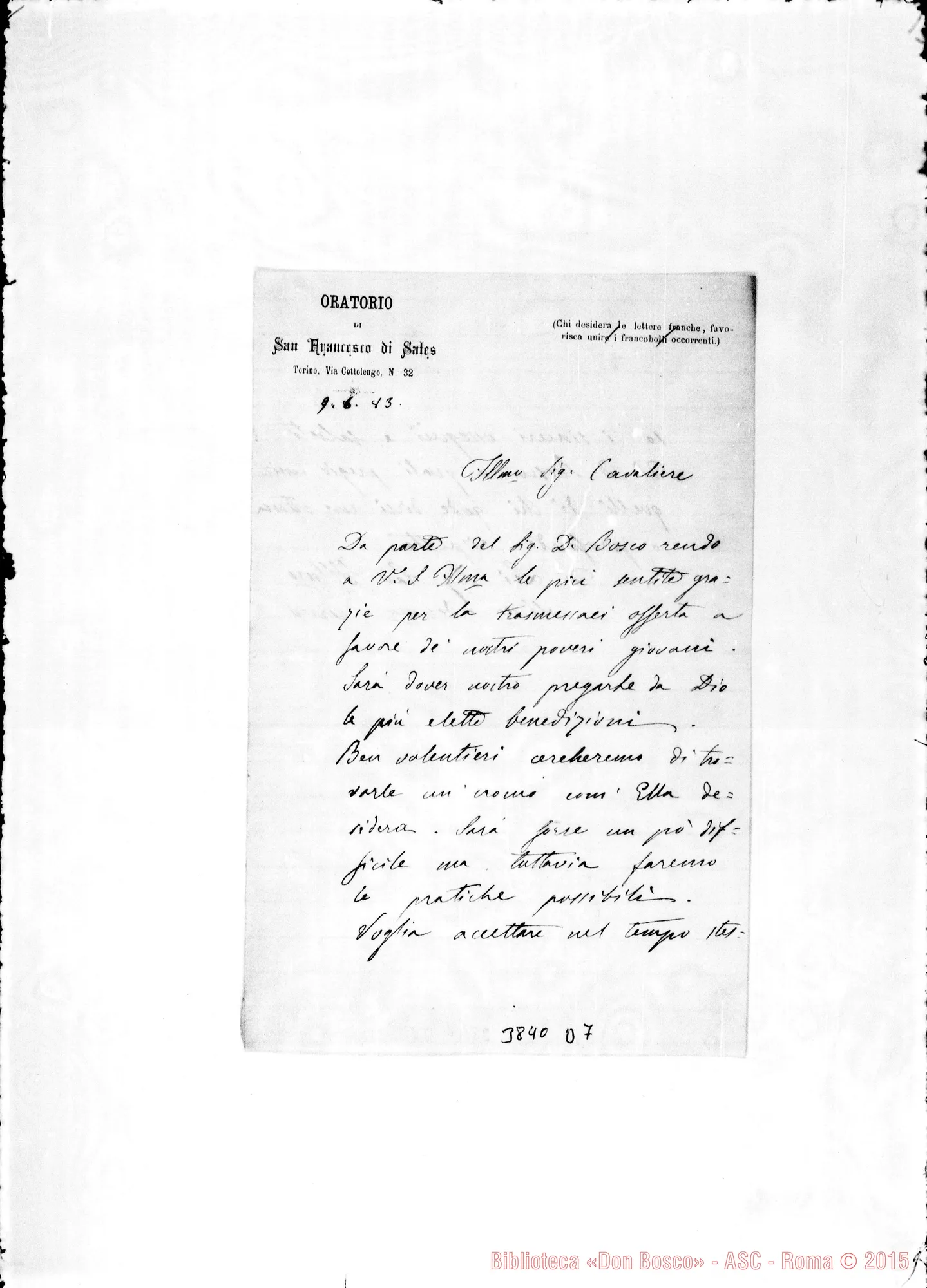 Fotogramma D 7 — « Ill.mo Sig. Cav. Torino, 9-06-1883