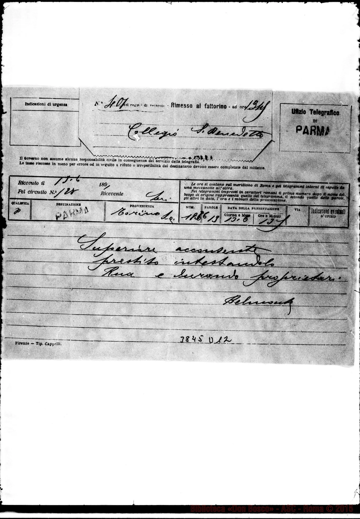 Fotogramma D 12 — « « Torino, 15-06-1891 Telegramma di D. Belmonte