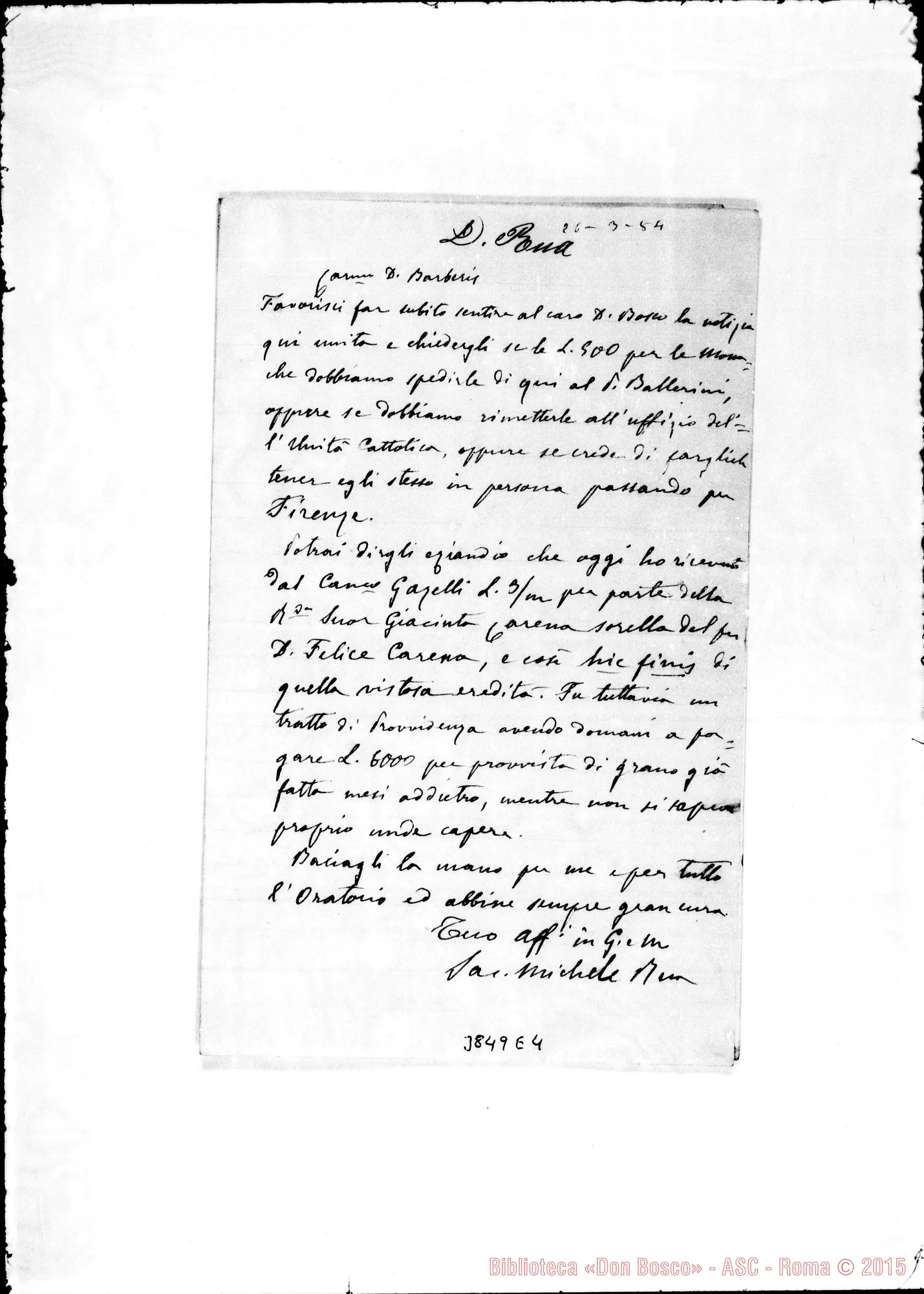 Fotogramma E 4 — « « Torino, 26-03-1884 All. lett. di D. Carli C. A D. Bosco: Bassano, 24-03-1884