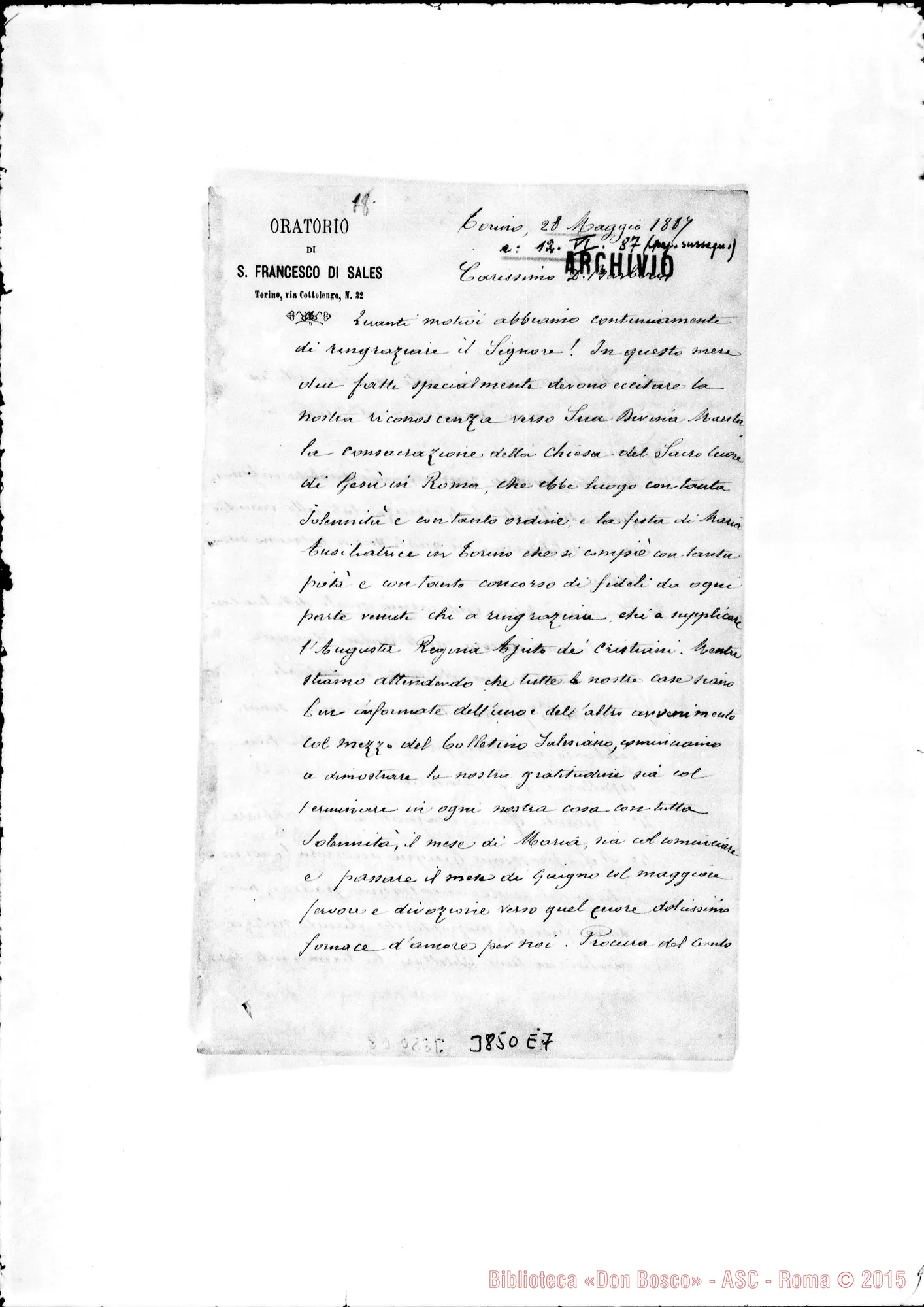 Fotogramma E 7 — « « Torino, 28-05-1887 Segue lett. di D. Belmonte D. A D. Cagliero C. Torino, 12-6-1887