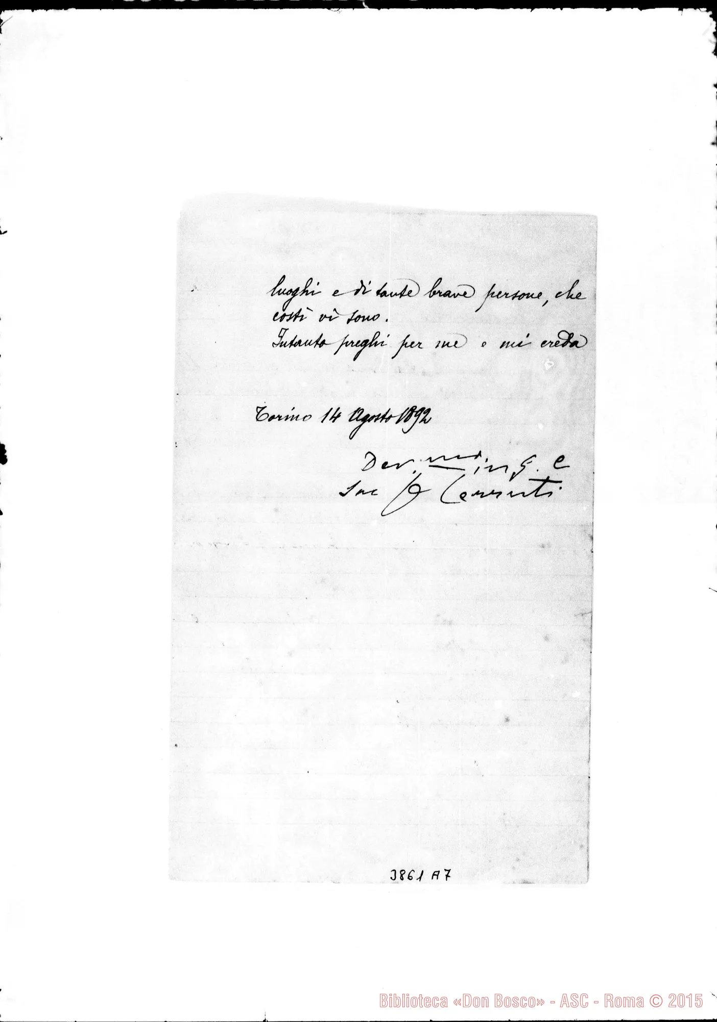 Fotogramma A 7 — « « Torino, 14-08-1892 (Scrive D. Cerruti)