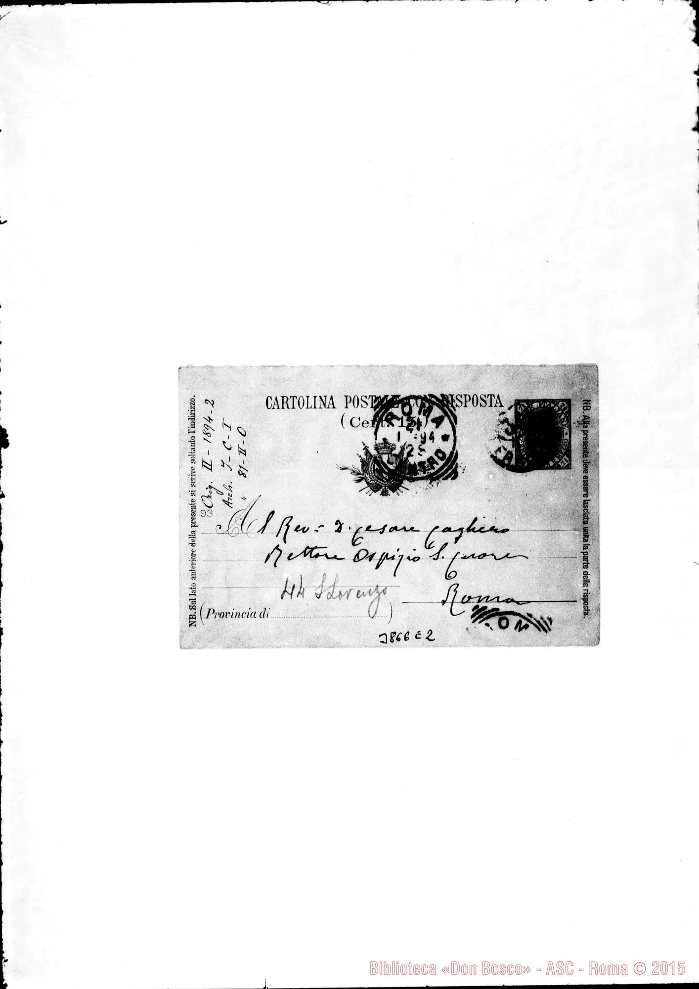 Fotogramma E 2 — « « Torino, 20-01-1894 Cartolina