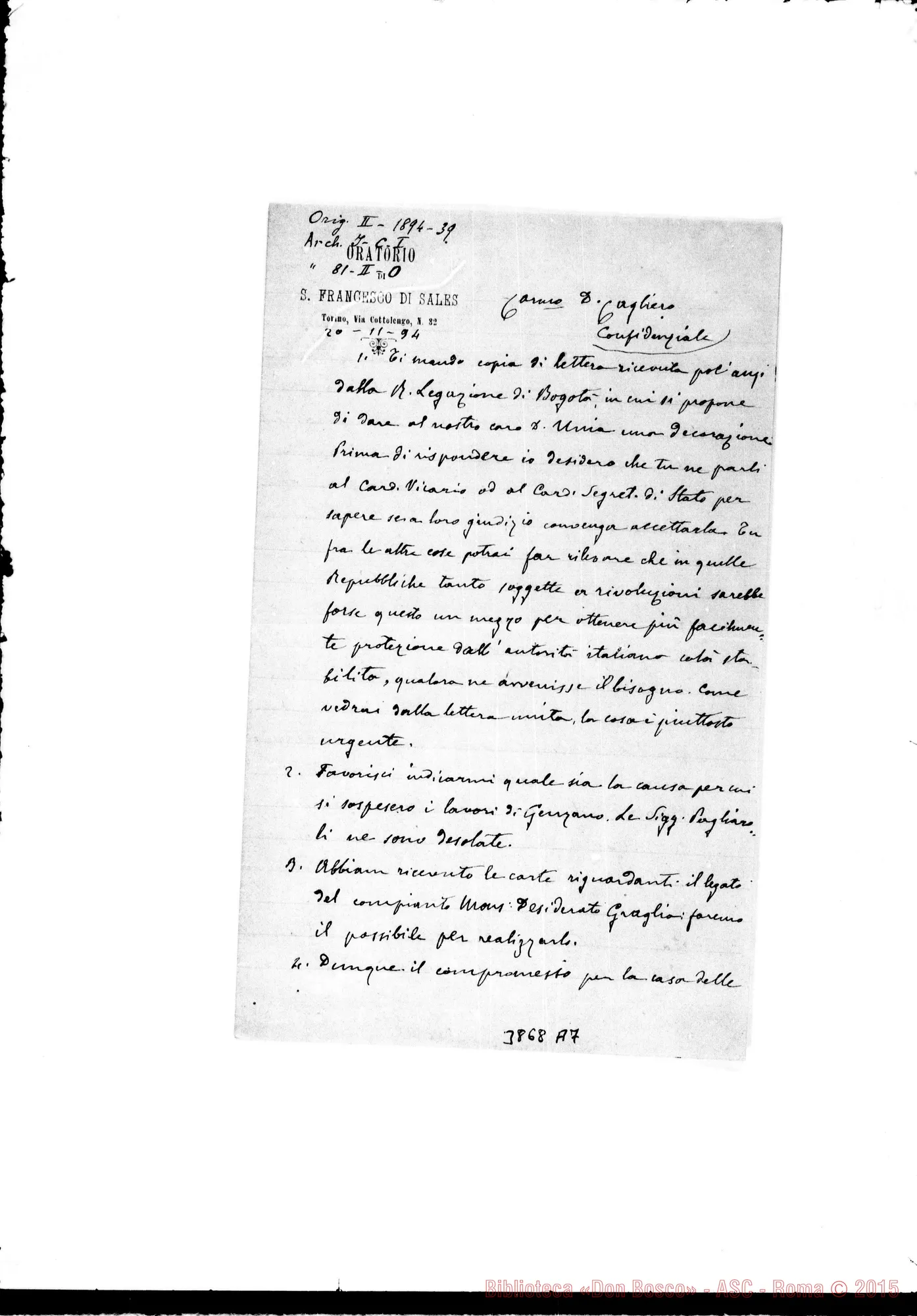 Fotogramma A 7 — « « Torino, 20-11-1894 All. lett.: Laodazzi L.-D. Rua, Bogotá 8-10-1894