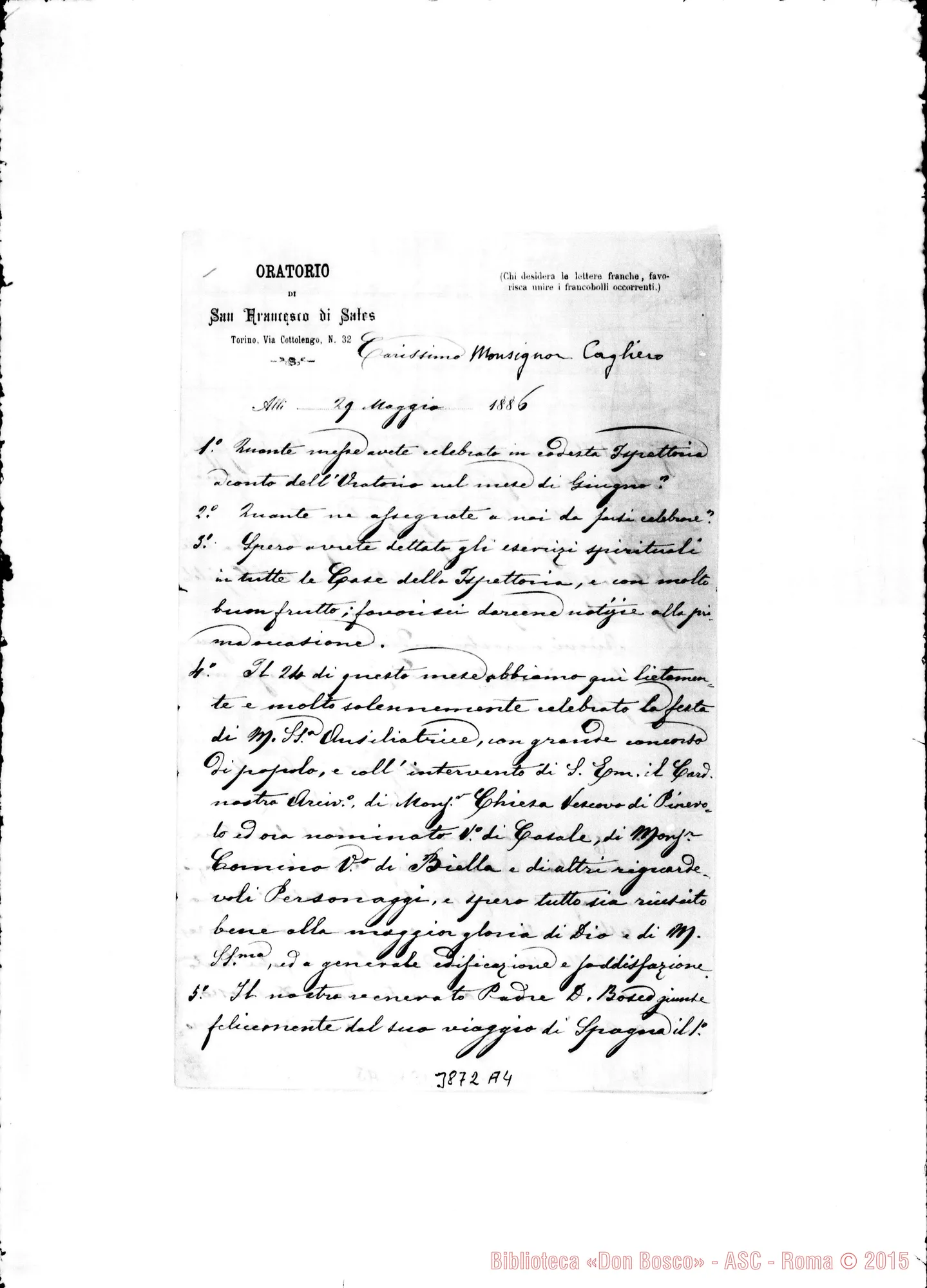 Fotogramma A 4 — « « Torino, 29-05-1886 All. estratto della lett. di Mons. Poyet Proton