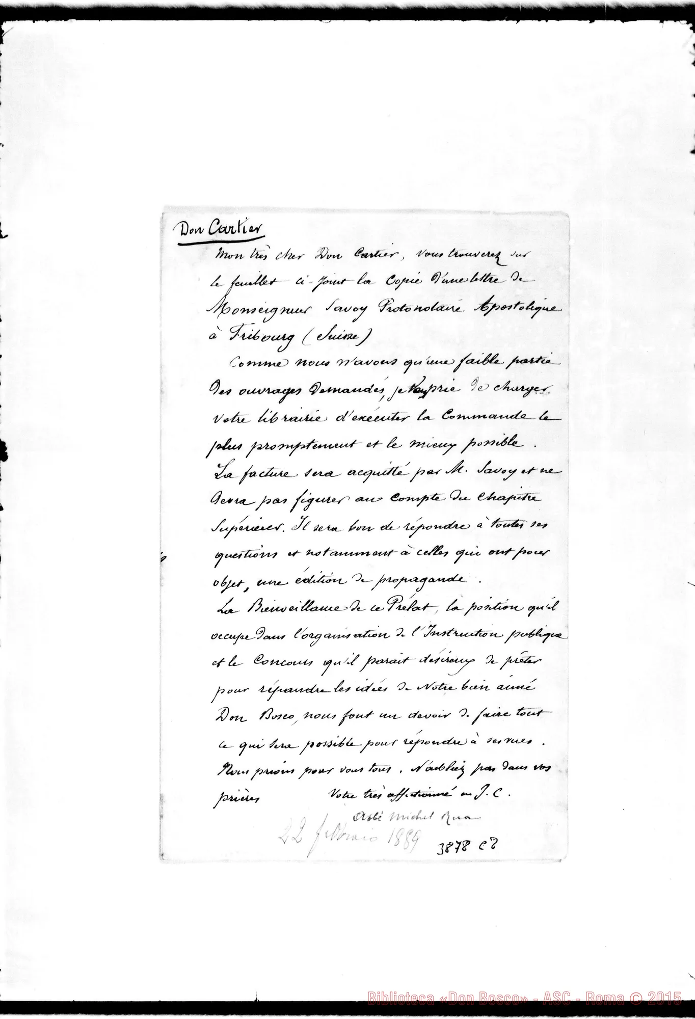 Fotogramma C 8 — « « Torino, 22-02-1889 All. copia di lett. di J. A. Savoy, Protonotaire Apostolique