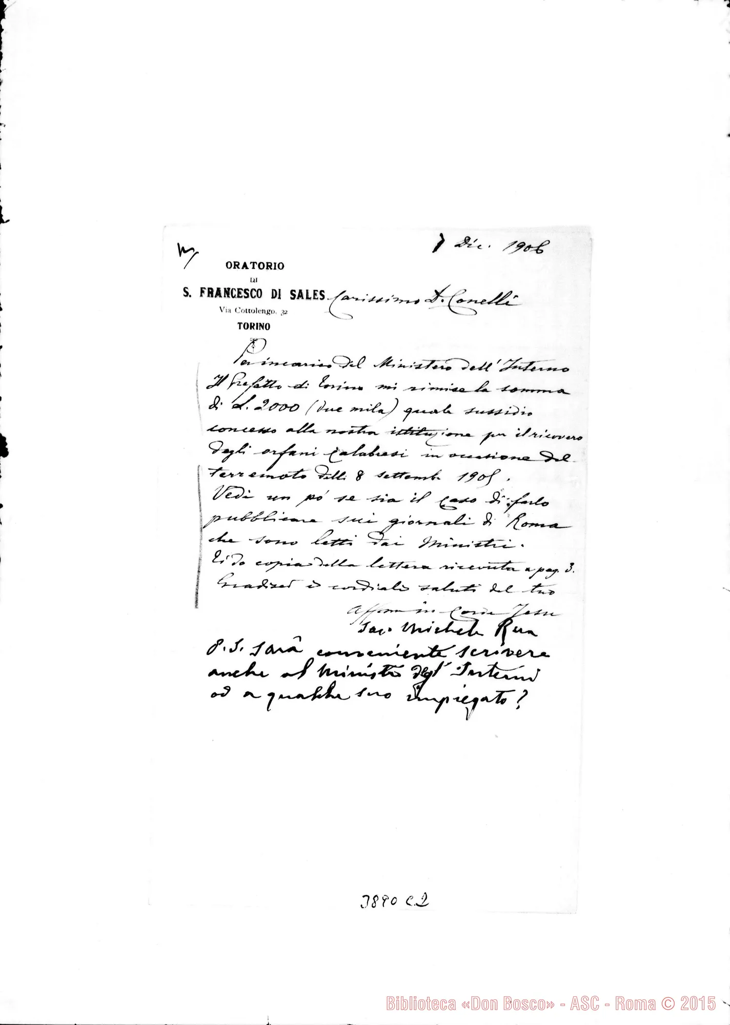 Fotogramma C 2 — « « Torino, 7-12-1906 All. copia della lett. del Pref. di Torino, 4-12-1906