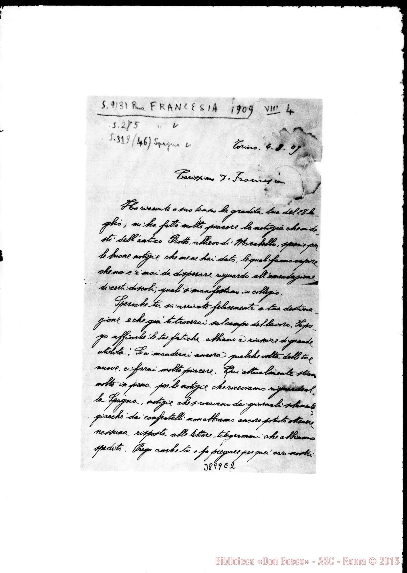 Fotogramma E 2 — Francesia Gio. Batt., SDB Torino, 4-08-1909