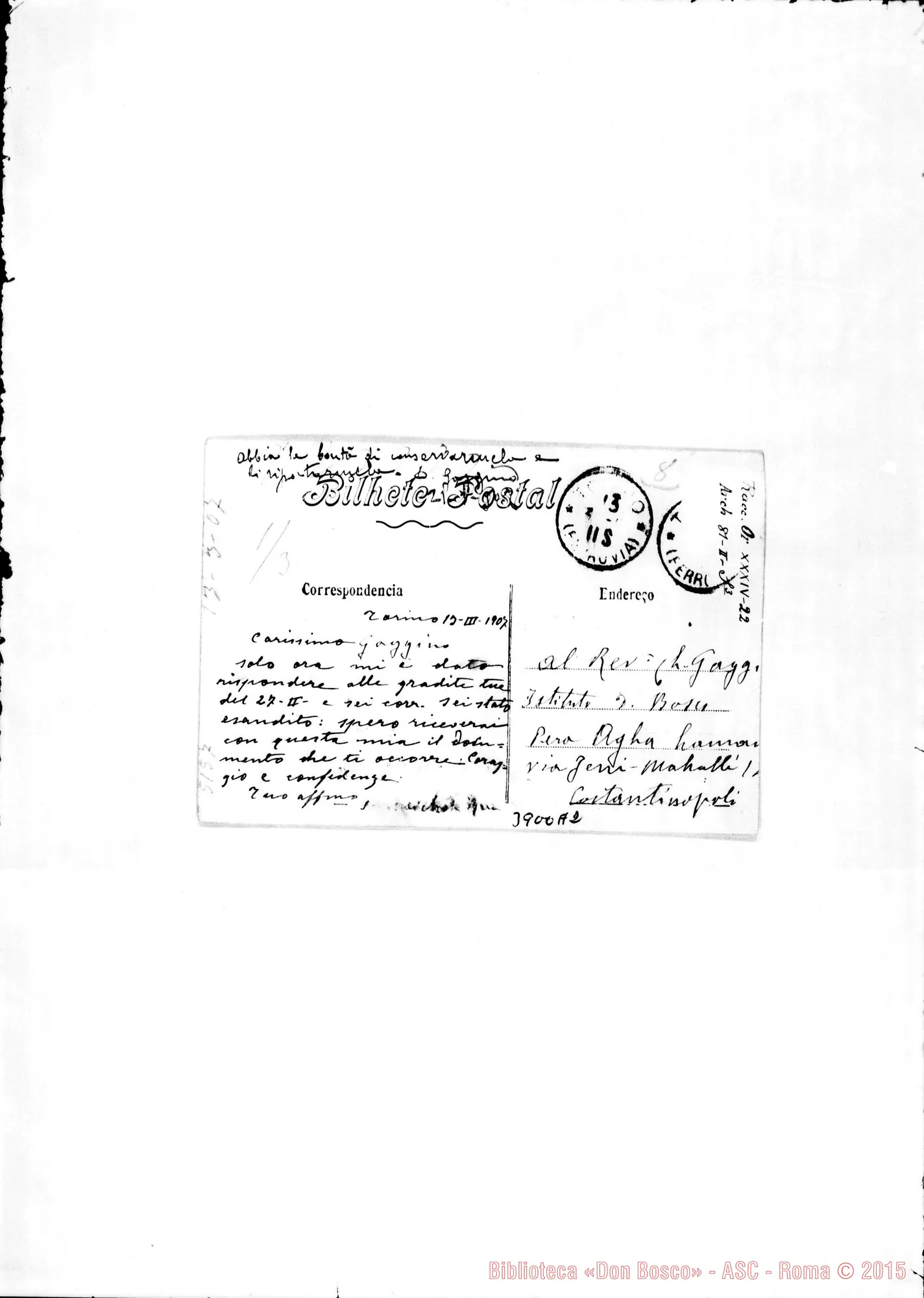 Fotogramma A 2 — Gaggino Lorenzo, SDB Torino, 13-03-1907 Cartolina