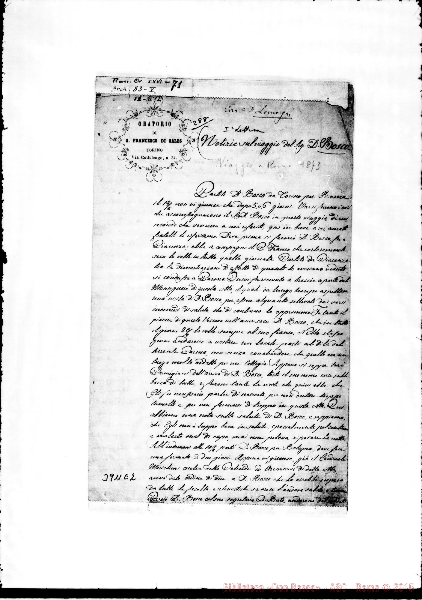 Fotogramma E 2 — Lemoyne Gio. Batt., SDB Torino, 1873 Notizie sul viaggio A Roma con D. Bosco