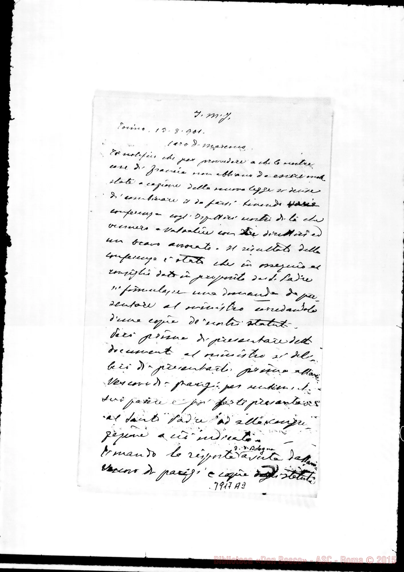 Fotogramma A 2 — « « Torino, 13-08-1901 All. copia della lett. di D. Bologna a D. Rua, 9-08-1901