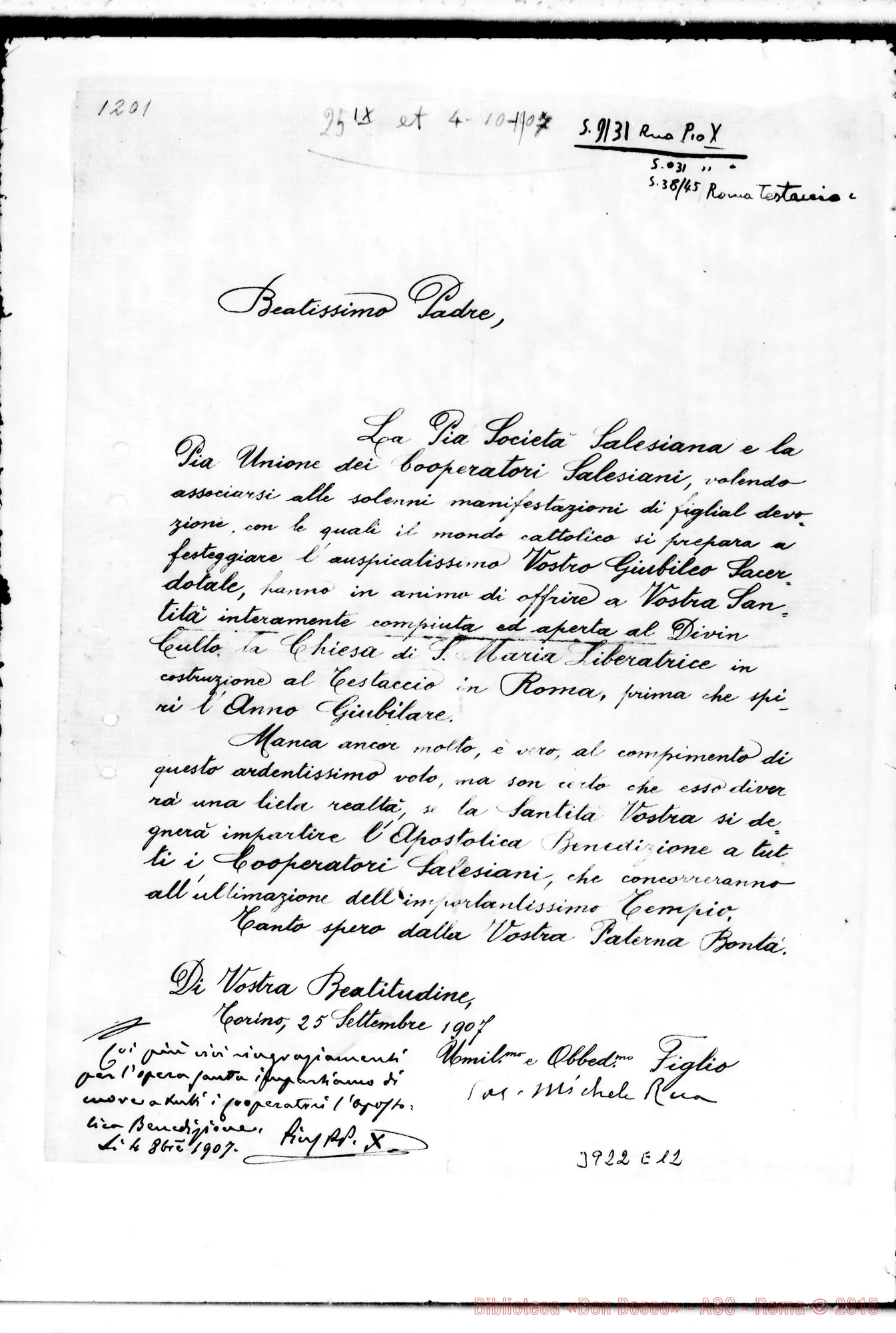 Fotogramma E 12 — « Torino, 25-09-1907 Con postilla autogr. di Pio X E firma
