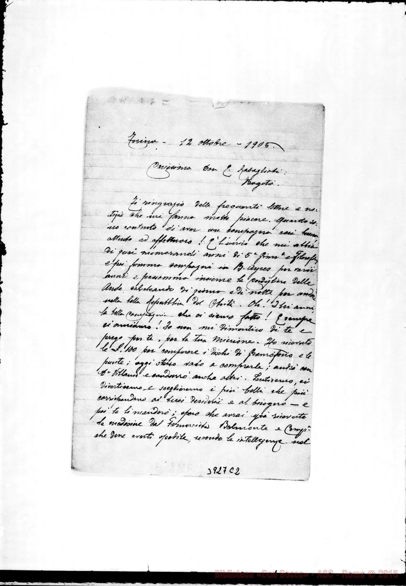 Fotogramma C 2 — « « Torino, 12-10-1905 Lett, di D. Fassio Michele