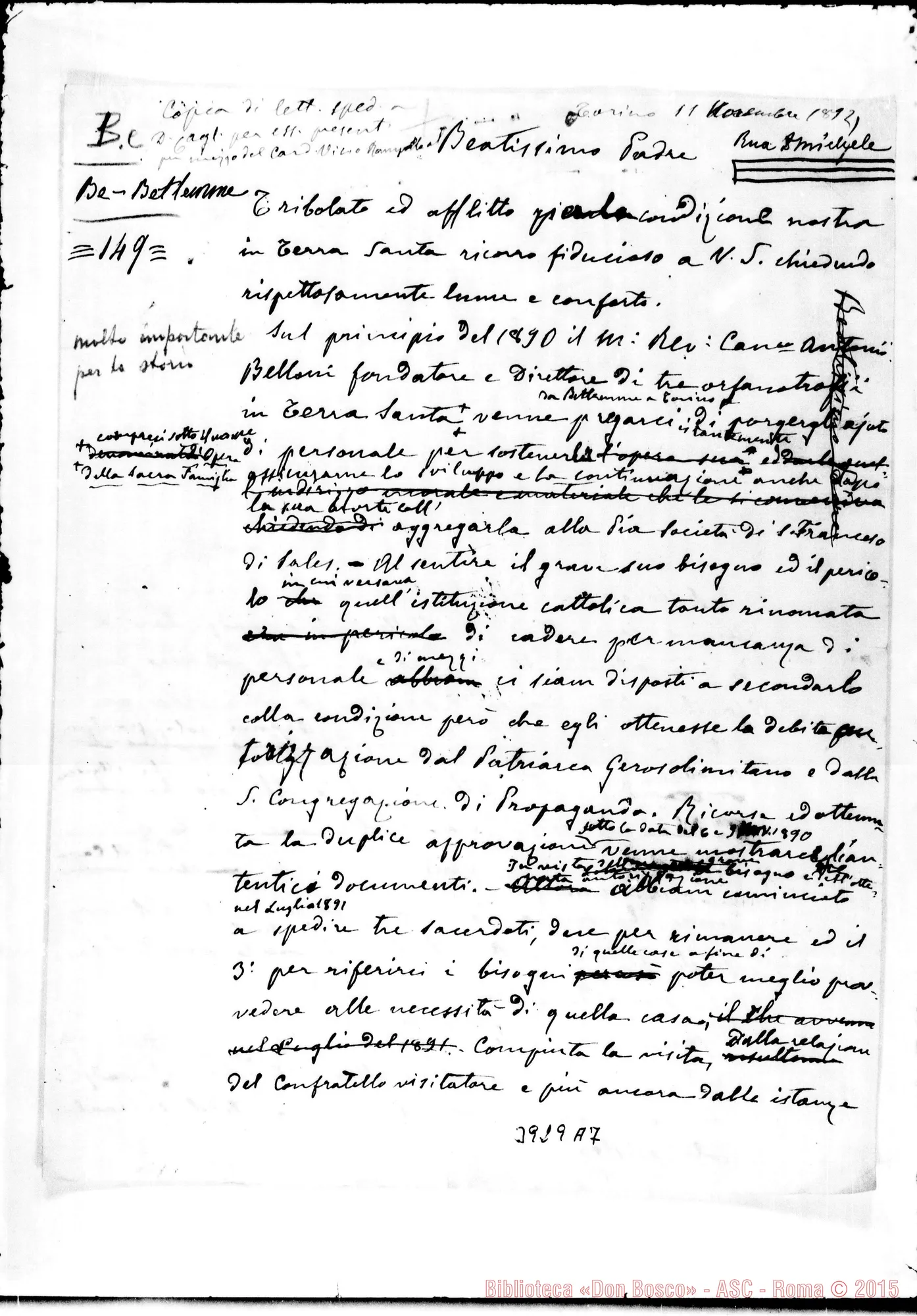 Fotogramma A 7 — Rampolla Mariano, card. Torino, 11-11-1892 Per consegna al Papa
