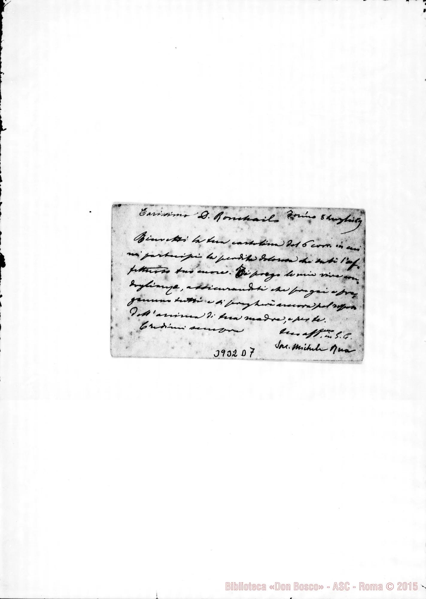 Fotogramma D 7 — Ronchail Enrico, SDB Torino, 8-07-1889 Cartolina