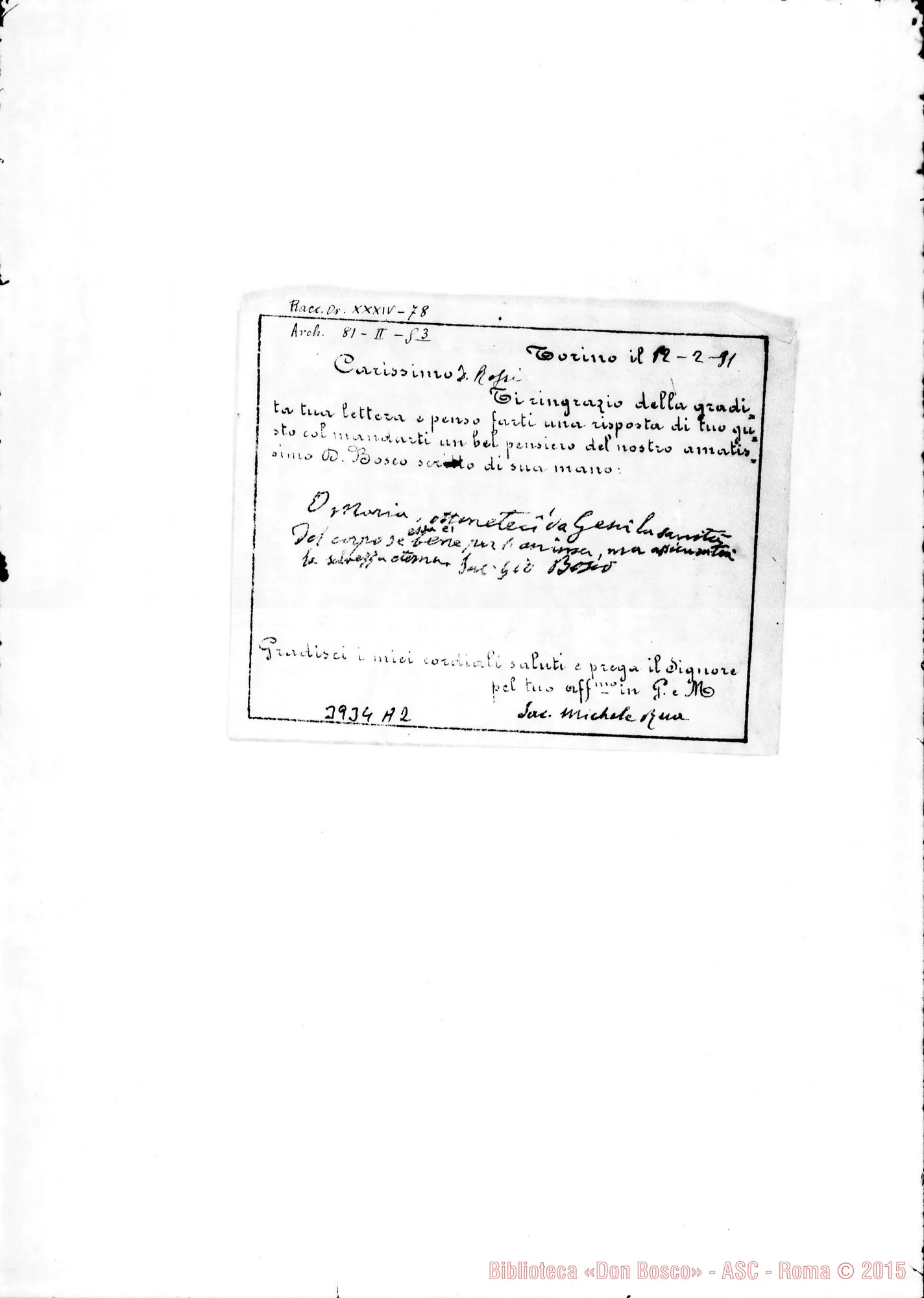 Fotogramma A 2 — Rossi Giuseppe, SDB Torino, 12-02-1891