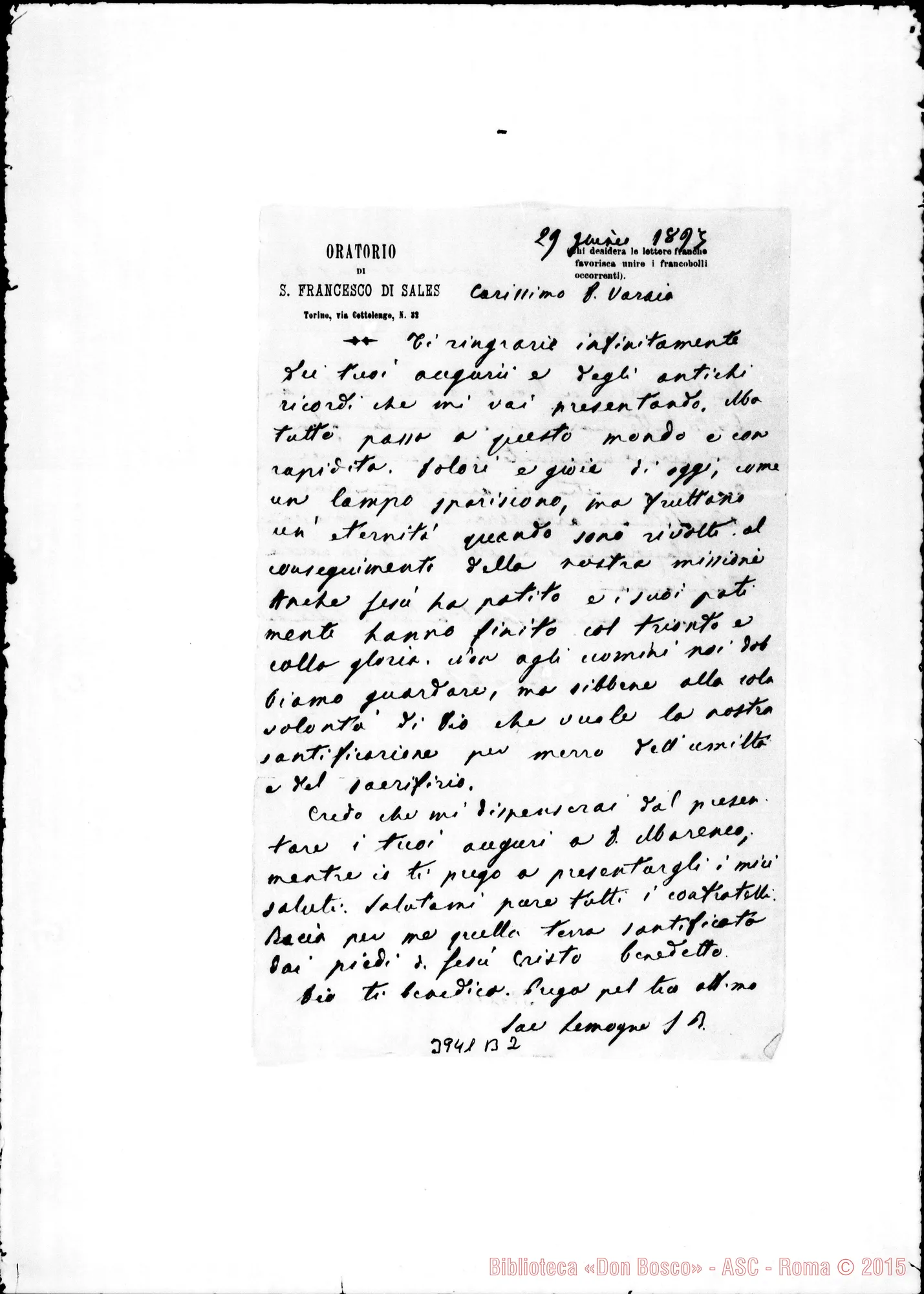Fotogramma B 2 — « Torino, 29-01-1893 Lett, di D. Lemoyne G.B.