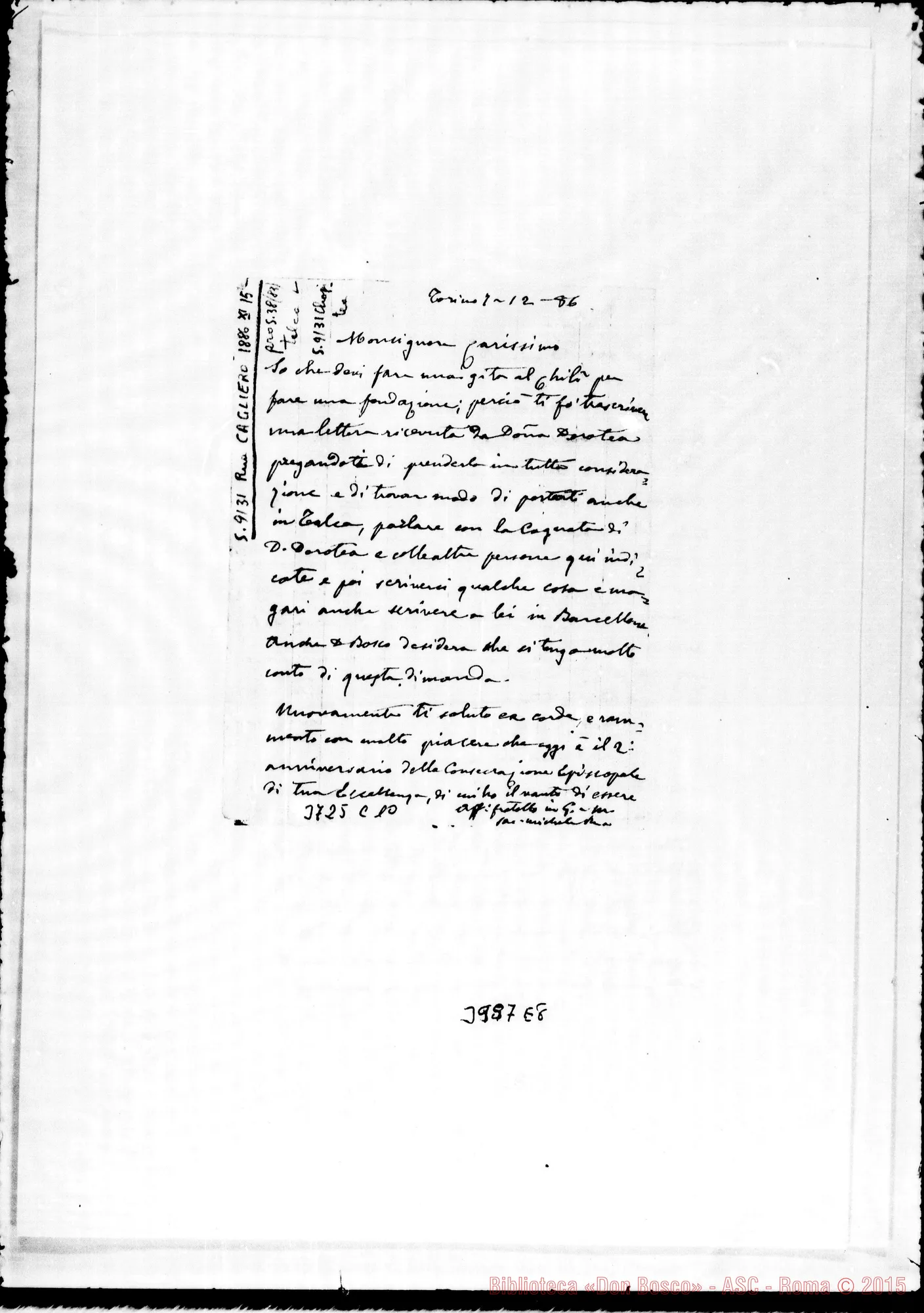 Fotogramma E 8 — Cagliero Giovanni, mons. Torino, 7-12-1886