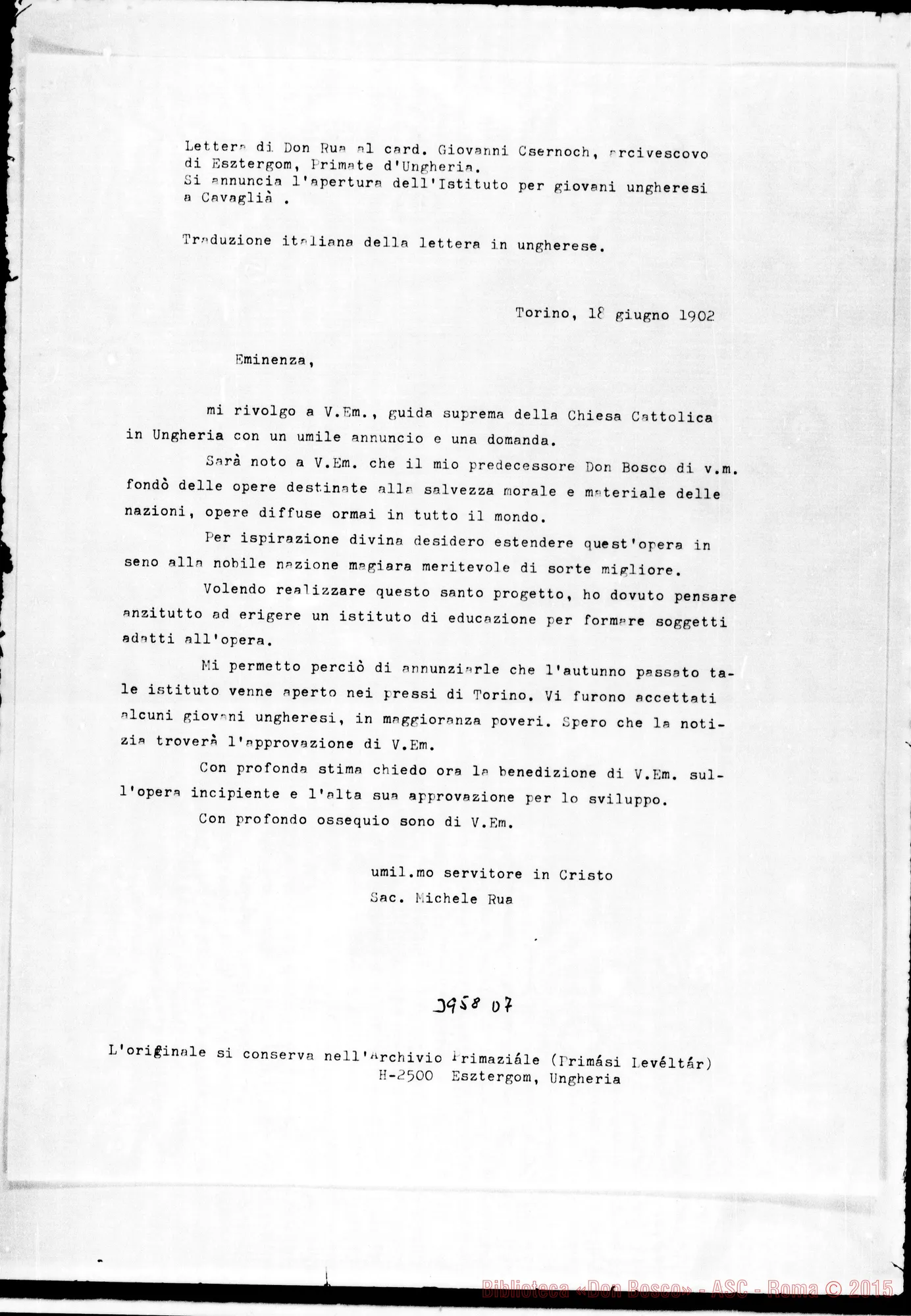 Fotogramma D 7 — Csernoch Giovanni, card. are. di Esztergom Torino, 18-06-1902 All. traduzione della lett. dall’ungherese all’italiano
