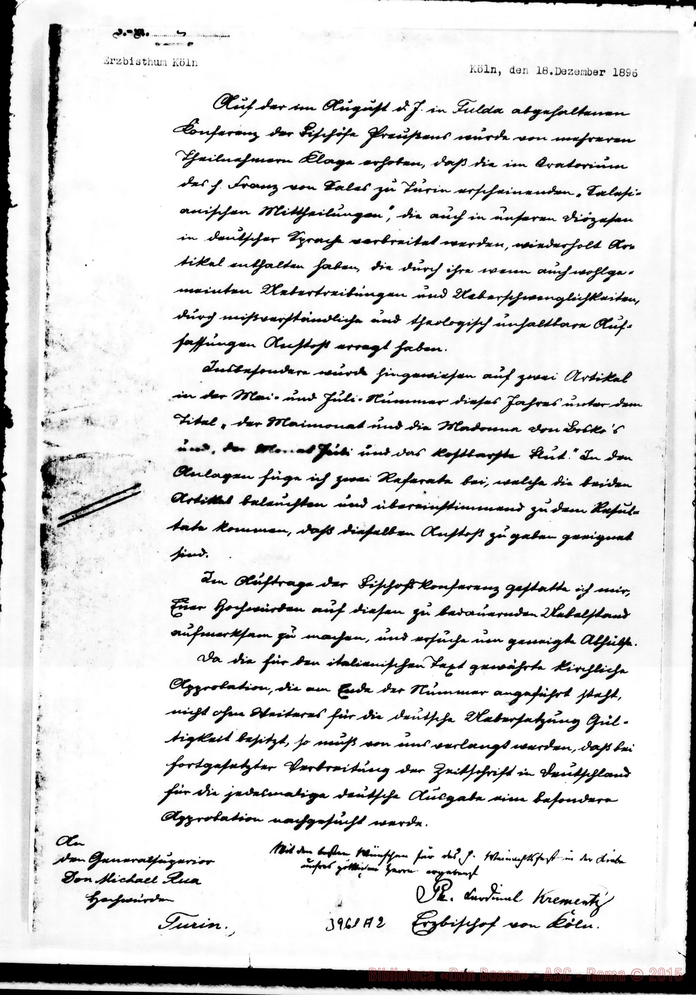 Fotogramma A 2 — Krementz Filippo, card, arciv. di Köln Torino, 16-01-1897