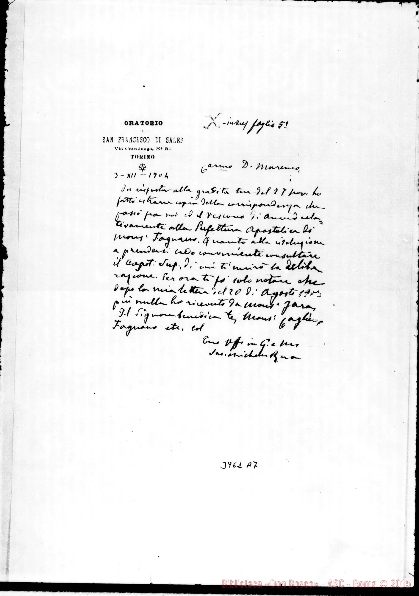 Fotogramma A 7 — Marenco Giovanni, SDB Torino, 3-12-1904 Cfr. orig.