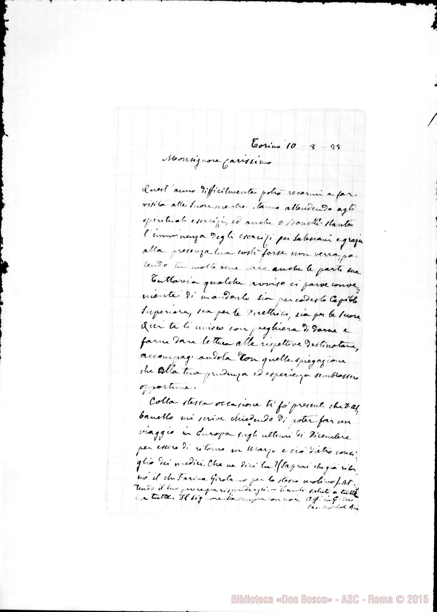 Fotogramma B 7 — Cagliero Giovanni, mons. Torino, 10-08-1888
