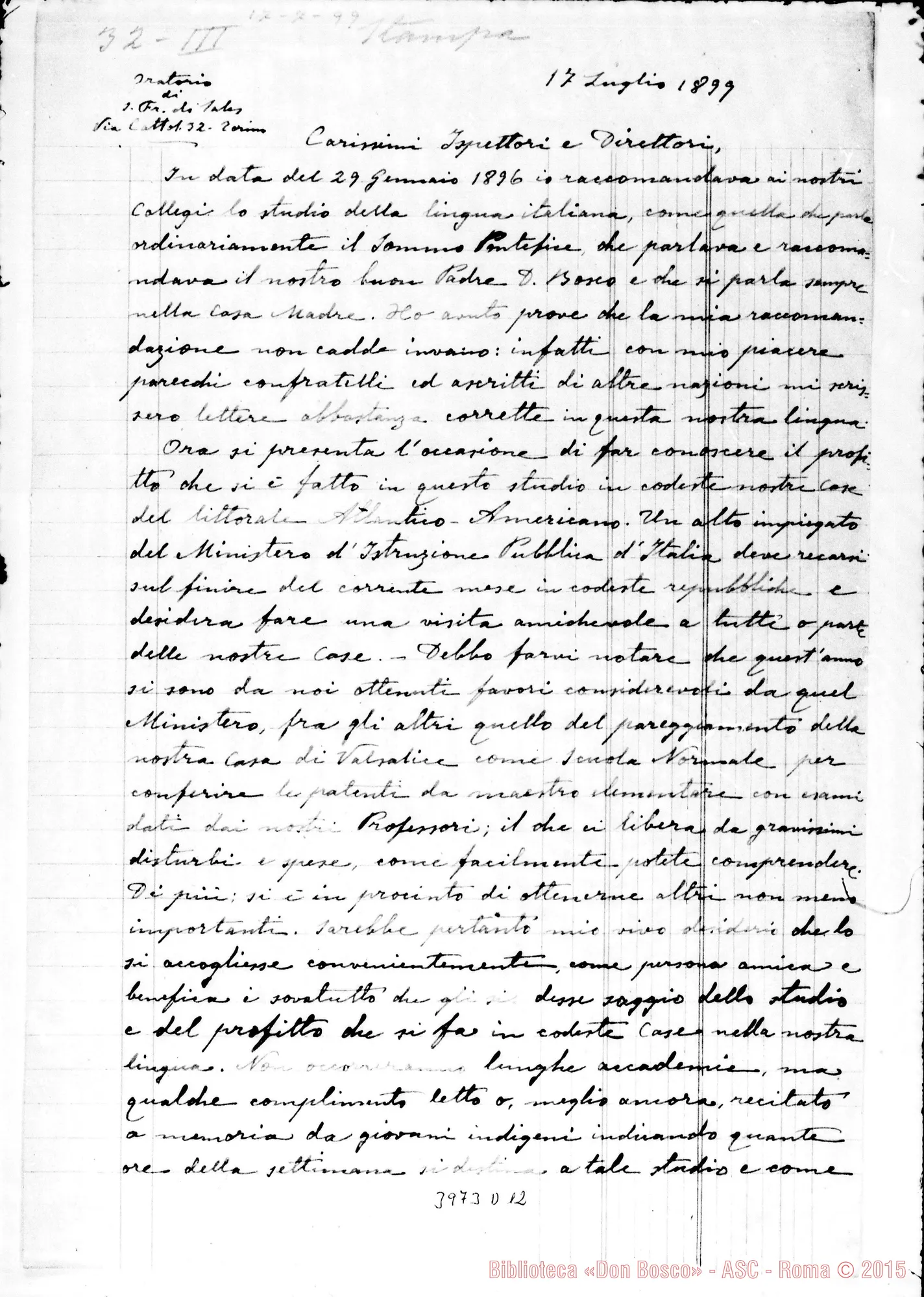 Fotogramma D 12 — 7-07-1899: Sulla lingua italiana nella Congregazione. Copia ms. allogr.