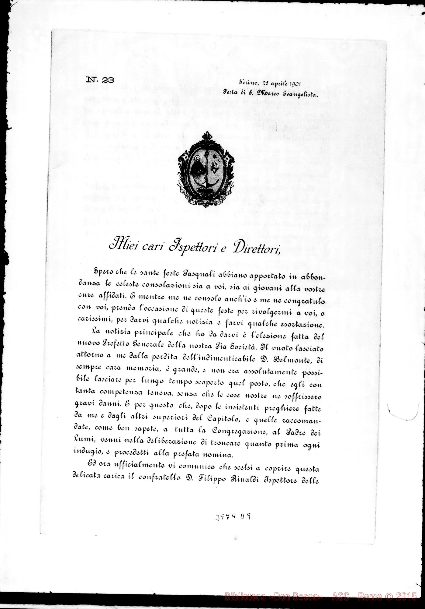 Fotogramma D 9 — 25-04-1901: Don Rinaldi nuovo Prefetto. Tre Ispettorie in Spagna. Stampato
