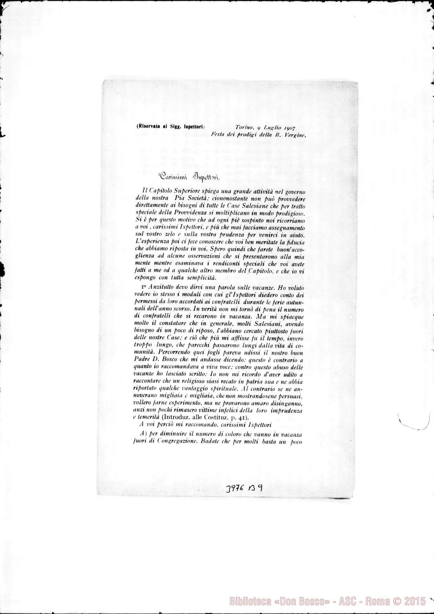Fotogramma B 9 — 9-07- Vacanze, Archivi, Risparmi, Regolamento dell'Oratorio… Stampato