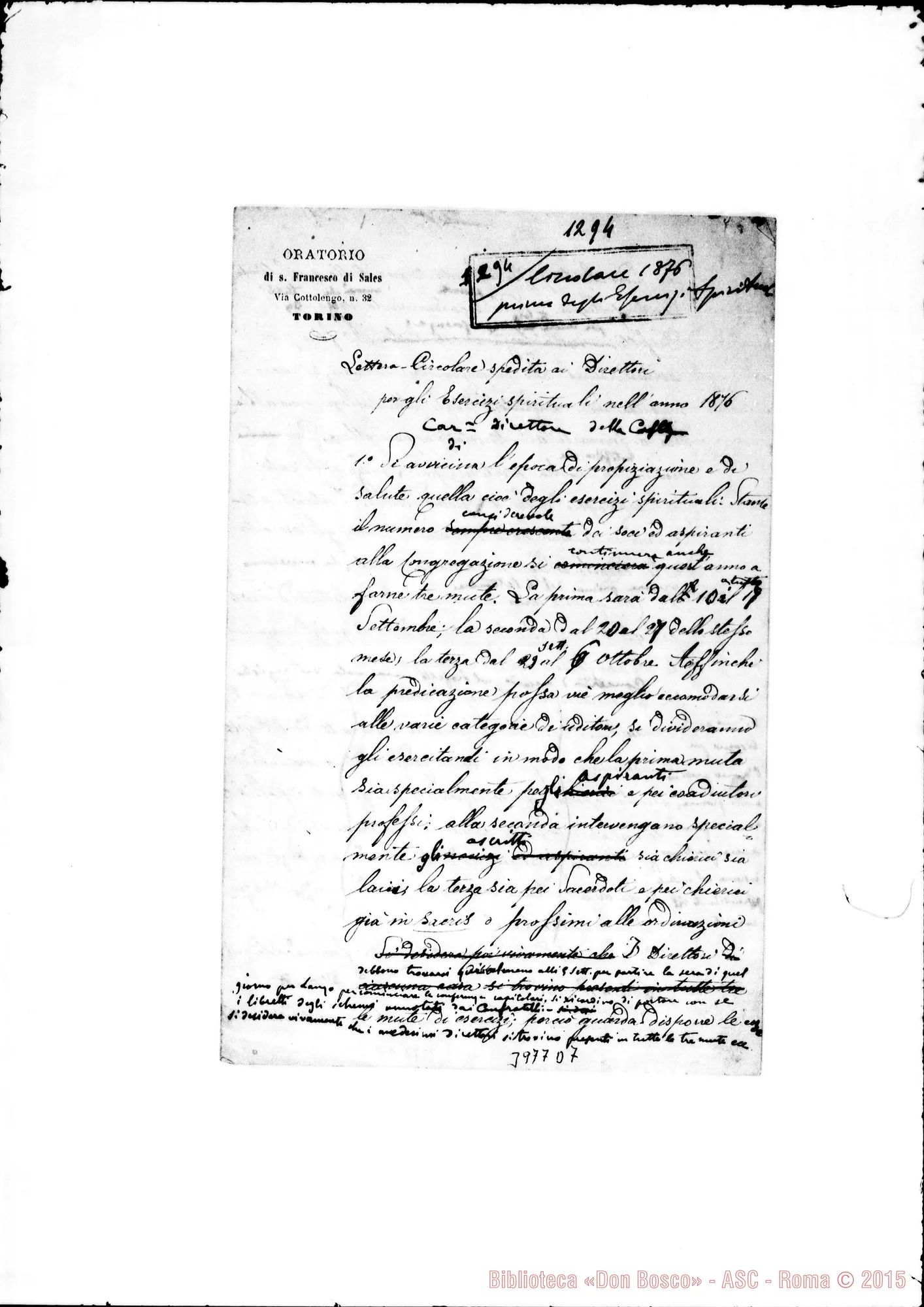 Fotogramma D 7 — 1876: Esercizi spirituali nell’anno 1876. Ms. allogr. con correi, autogr. Rua