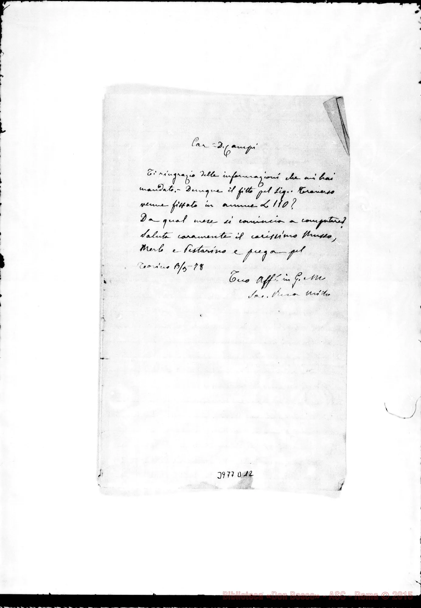 Fotogramma D 12 — 1-03-1878: Notizie su Don Bosco. Ms. allogr. con correi, E aggiunte autogr. Rua