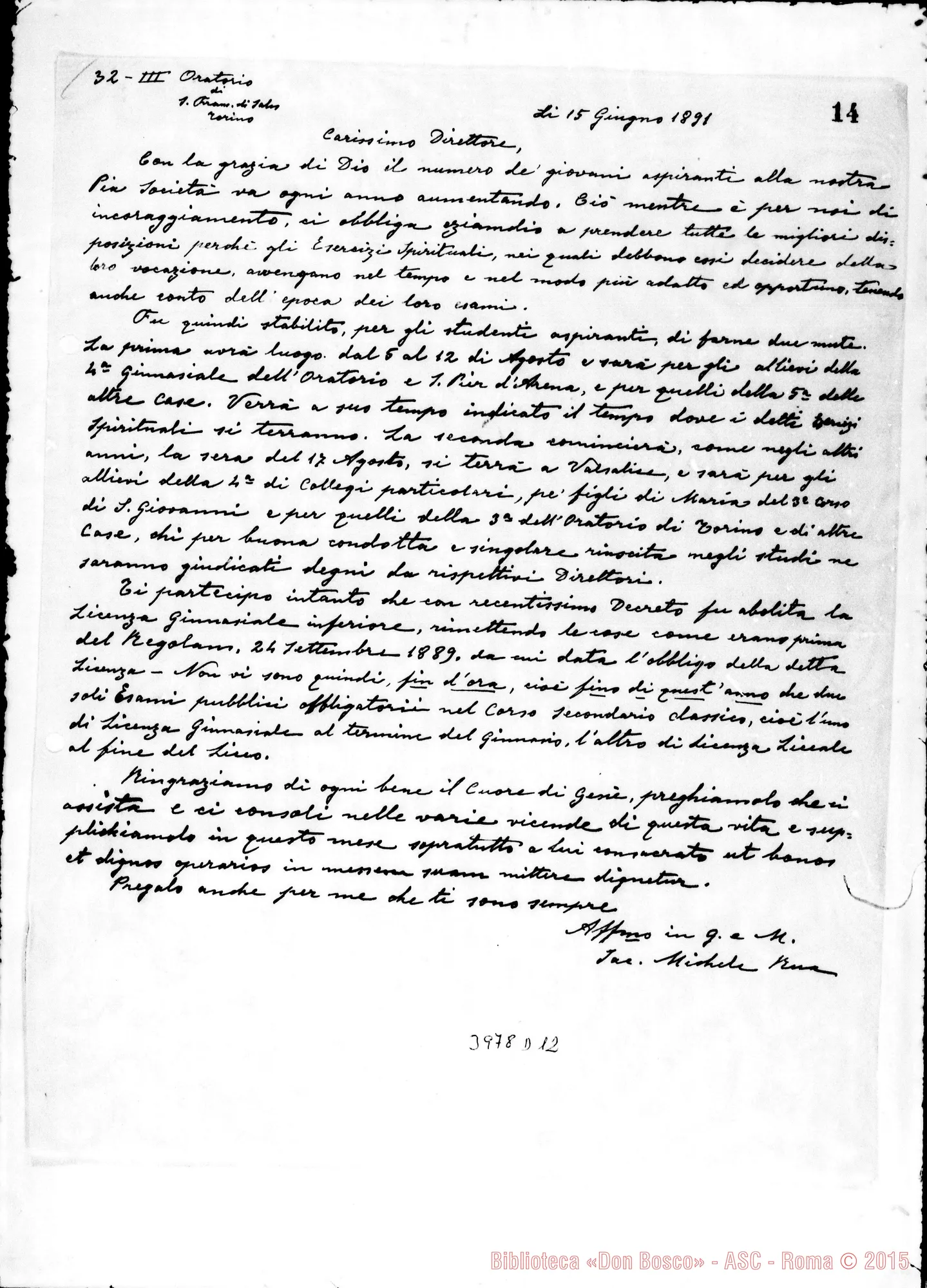 Fotogramma D 12 — 15-06-1891: Esercizi Spirituali per gli studenti aspiranti. Ms. allogr.