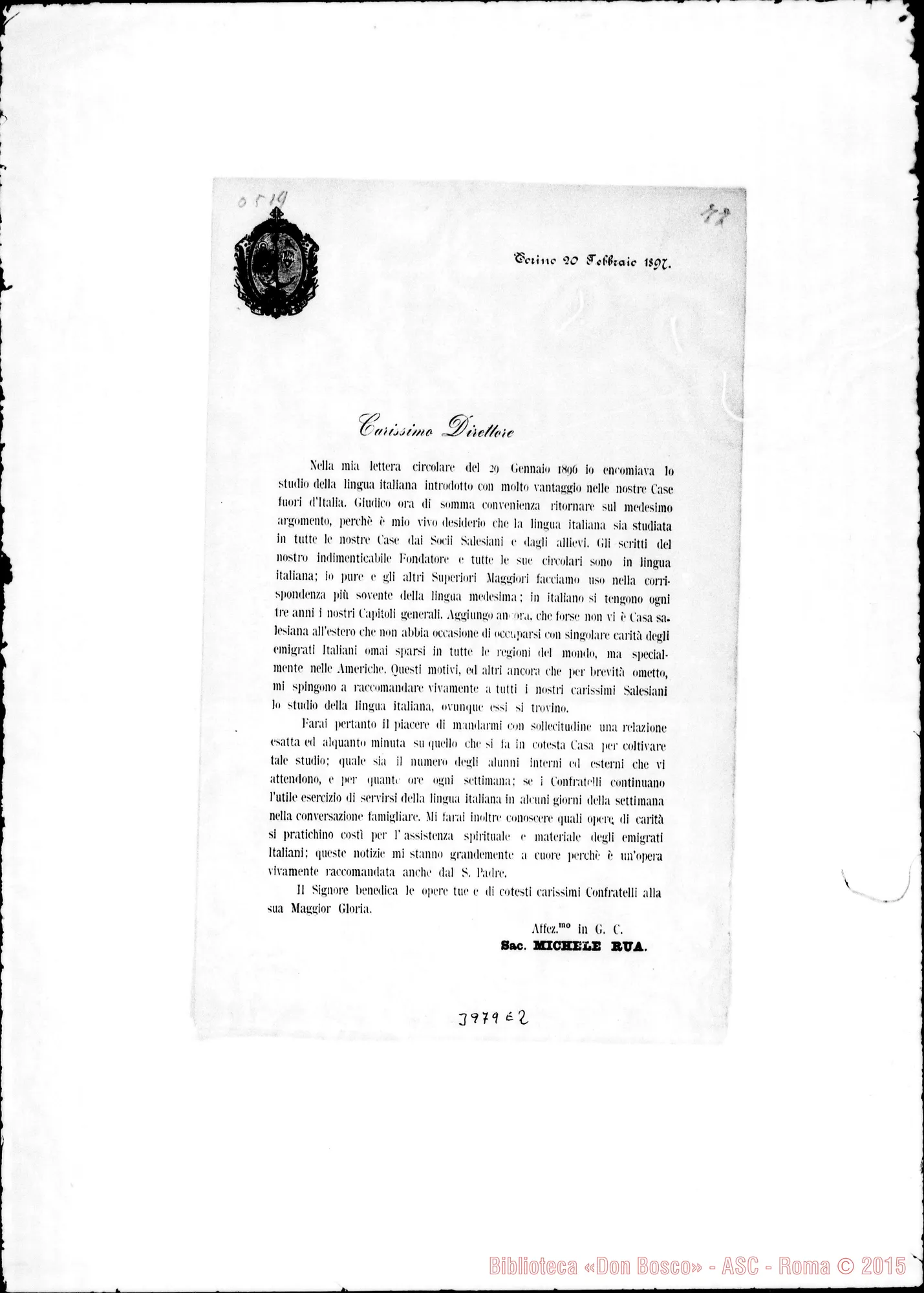 Fotogramma E 2 — 20-02-1897: Sulla lingua italiana nelle Case Salesiane. Ms. allogr. E stampato