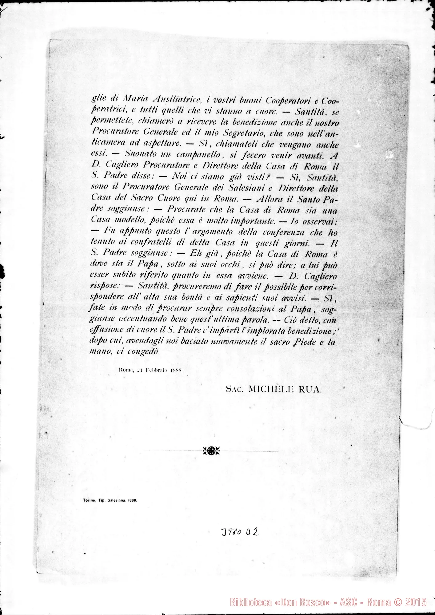 Fotogramma D 2 — 19-03-1888: Udienza avuta con il Papa. Stampato