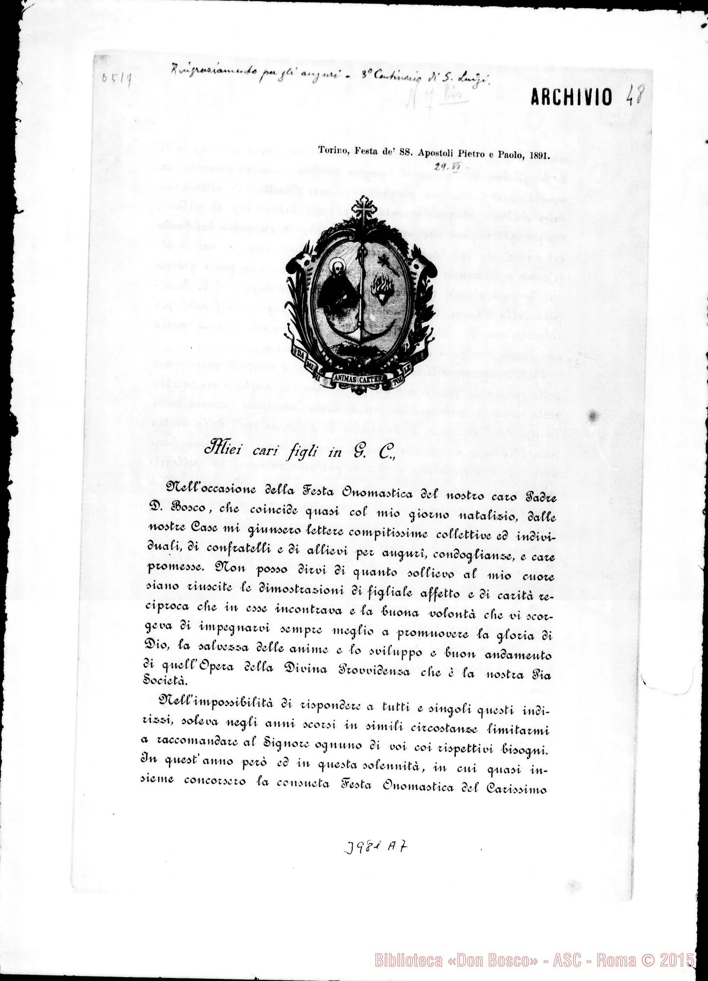 Fotogramma A 7 — 29-06- Ringraziamento per gli auguri. Stampato