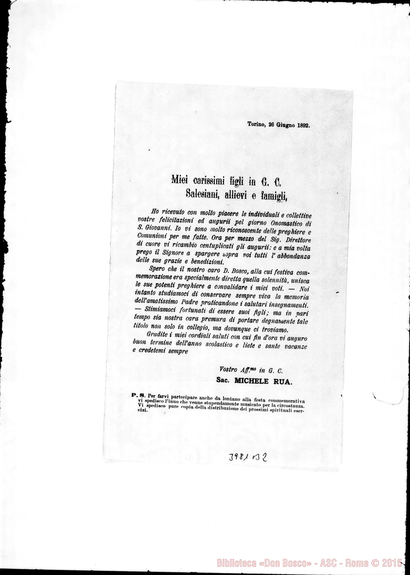 Fotogramma B 2 — 26-06-1892: Ringrazia per gli auguri. Stampato