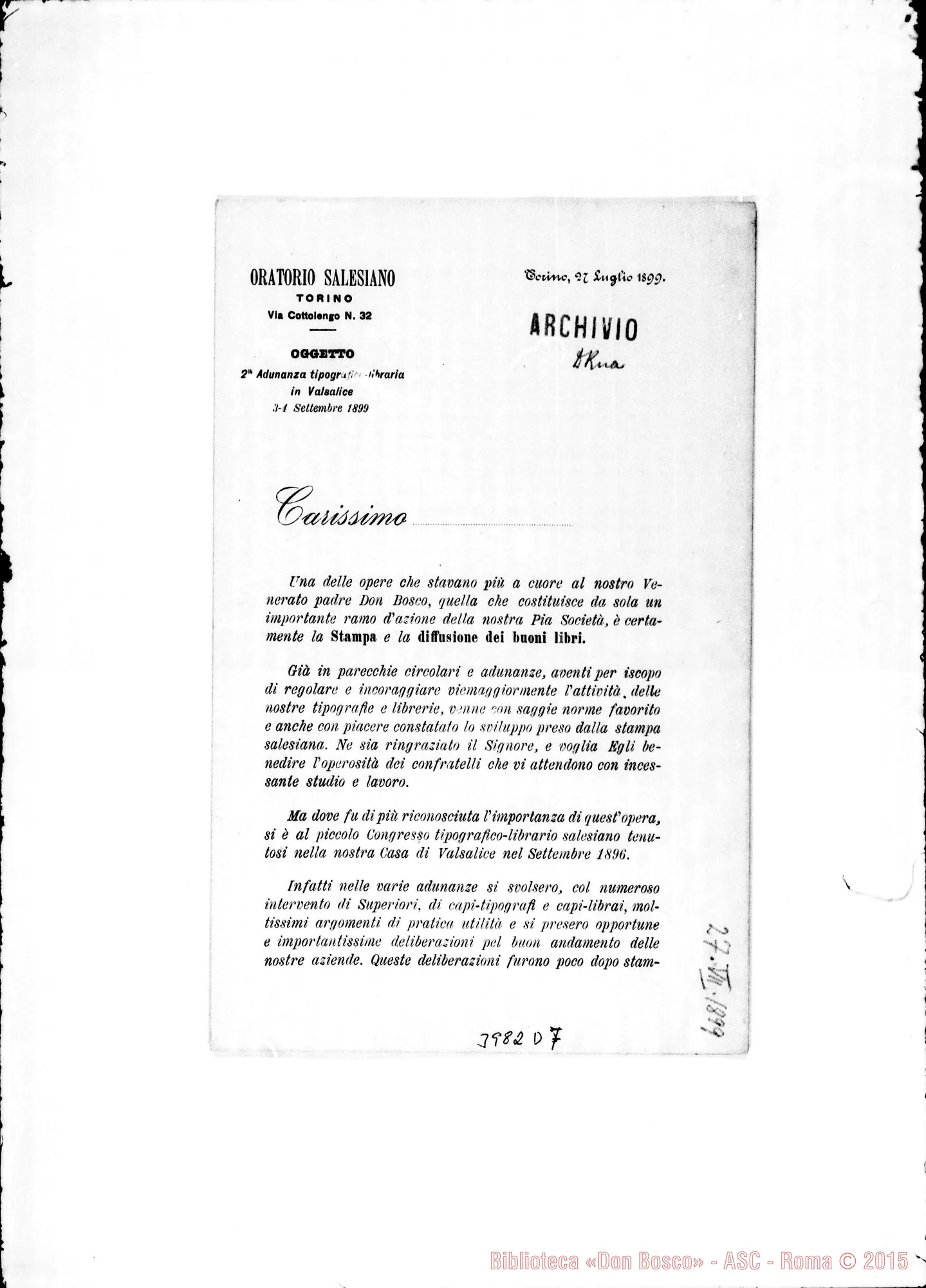 Fotogramma D 7 — 27-07-1899: Sulla diffusione dei buoni libri. Ms. allogr. E stampato