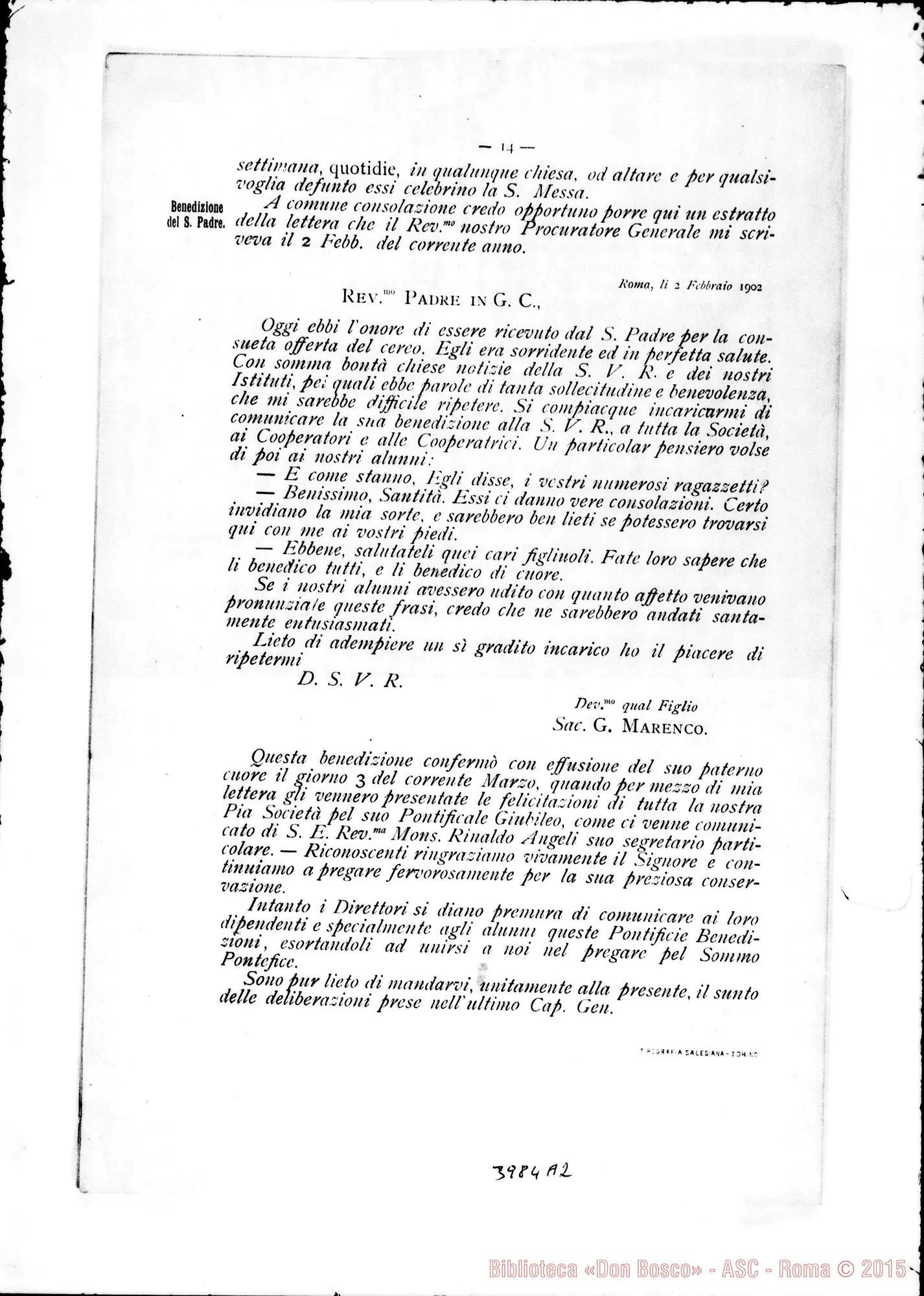Fotogramma A 2 — 19-03-1902: Su Privilegi, Noviziato, Capitoli Generali, Studi… Stampato