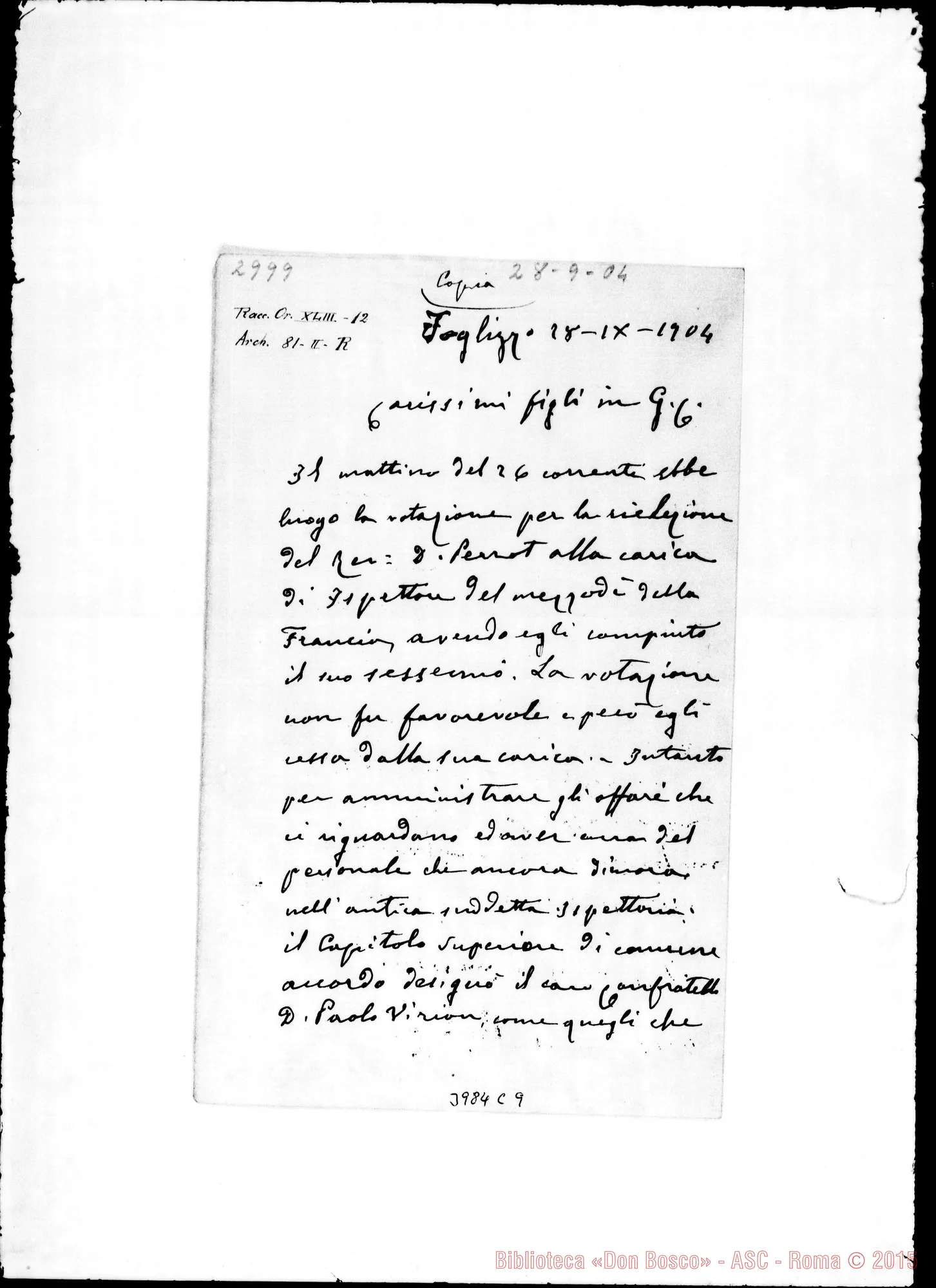 Fotogramma C 9 — 28-09- D. Perrot cessa come Ispettore. Ms. autogr. Rua