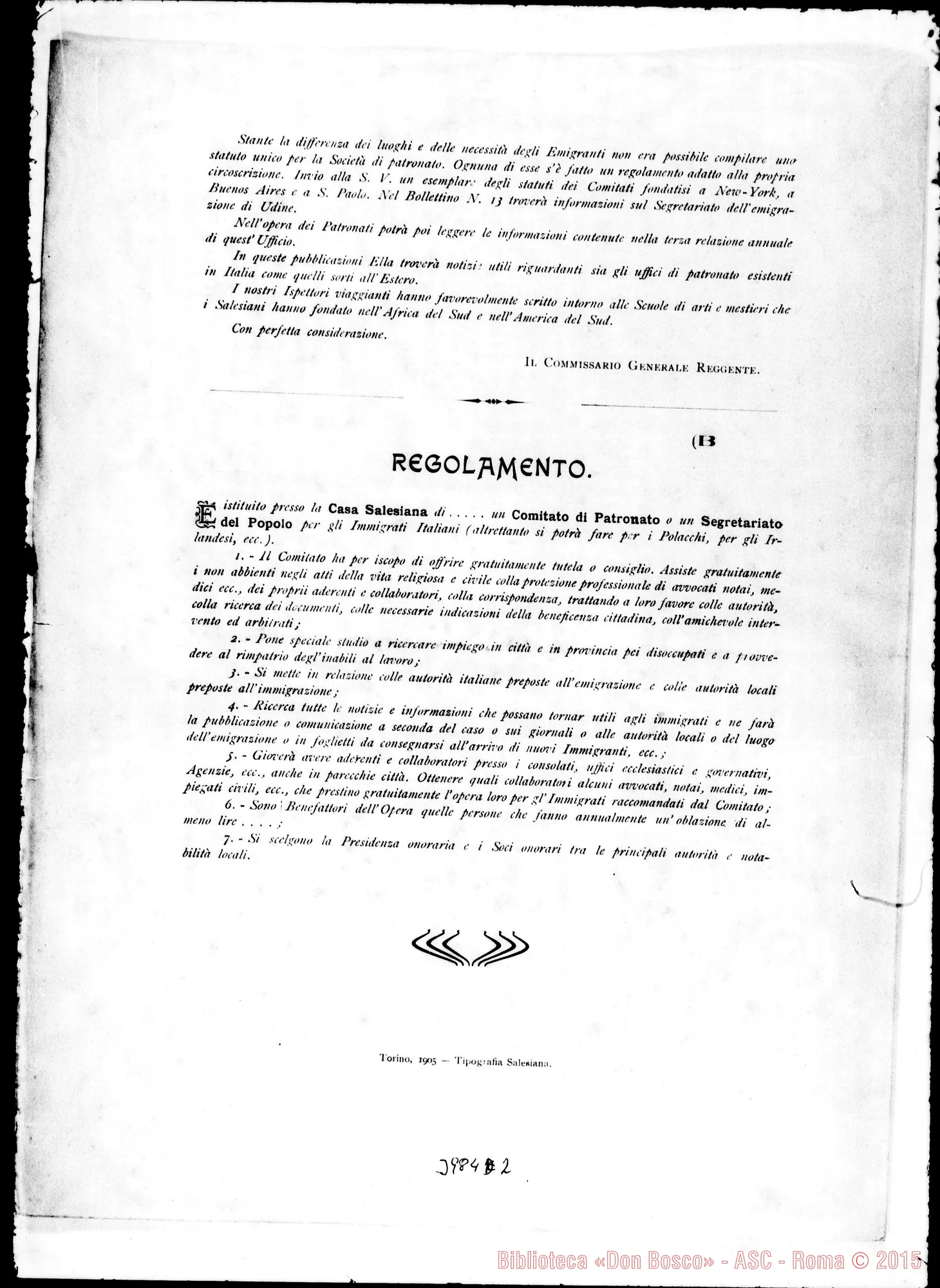 Fotogramma D 2 — 10-01-1905: Assistenza degli Emigranti. Stampato