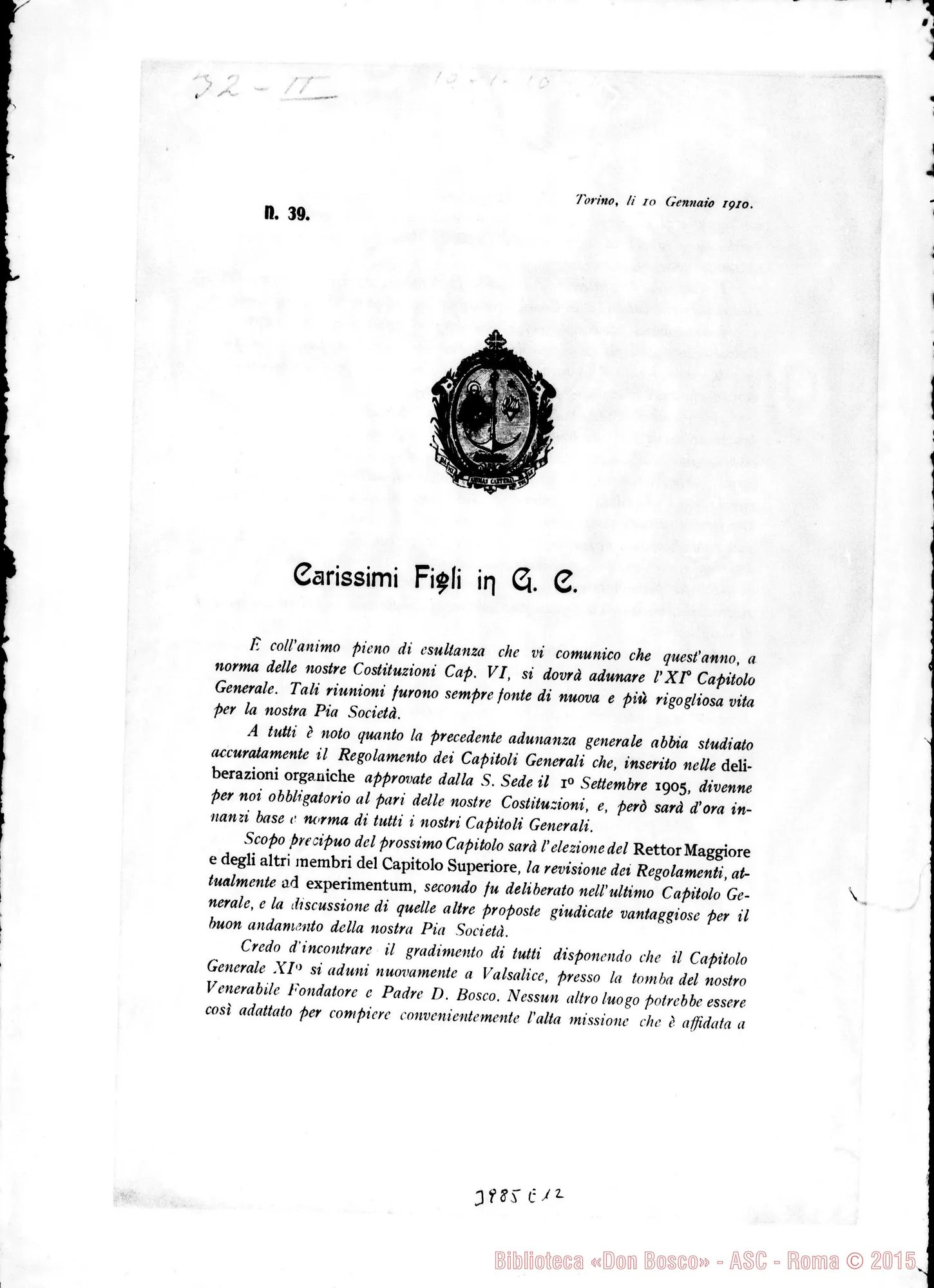 Fotogramma E 12 — 10-01-1910: Annunzio dell’Undicesimo Capitolo Generale. Stampato