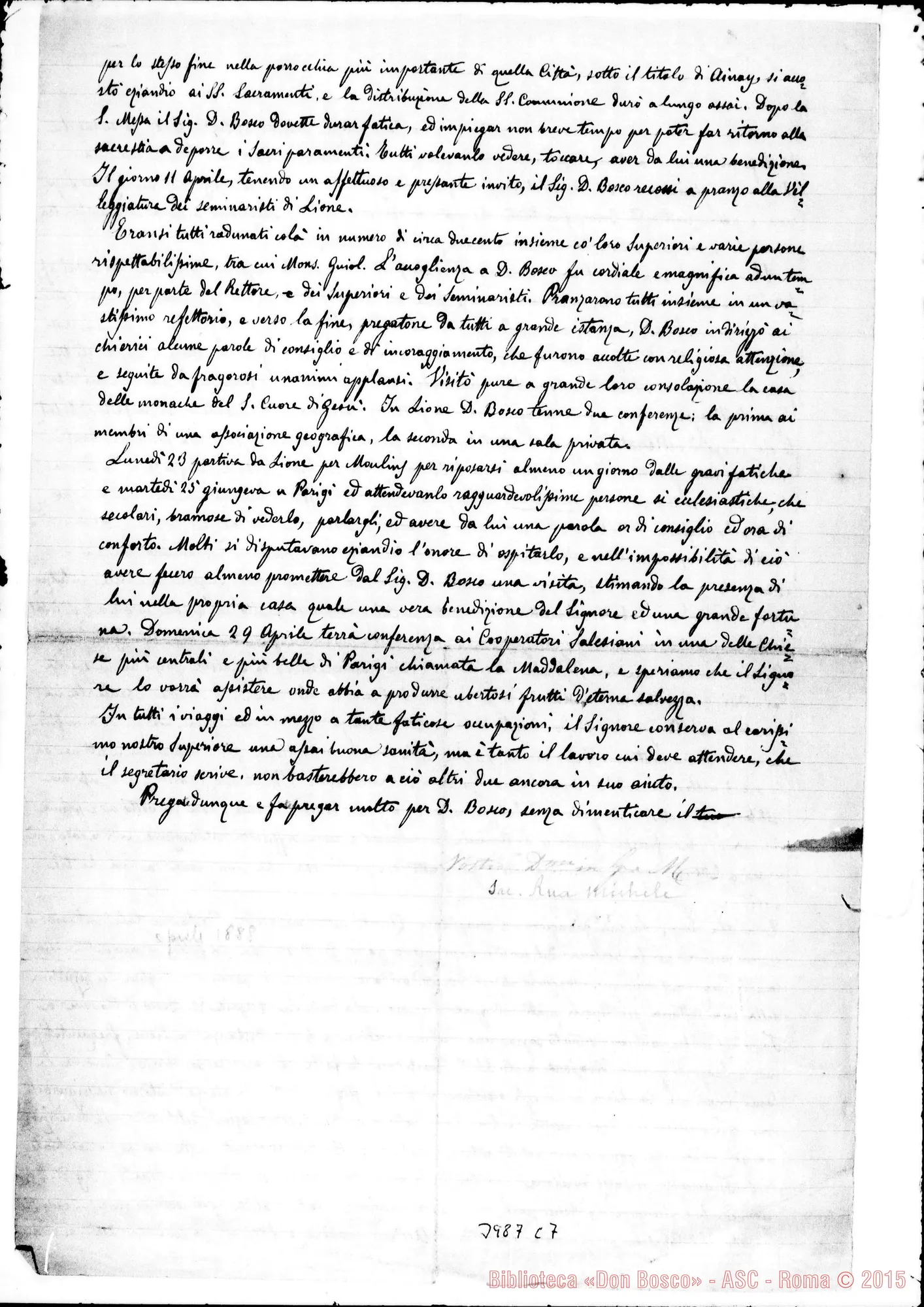 Fotogramma C 7 — 28-04-1883: Opere meravigliose di D. Bosco. Ms. allogr. con firma autogr. Rua
