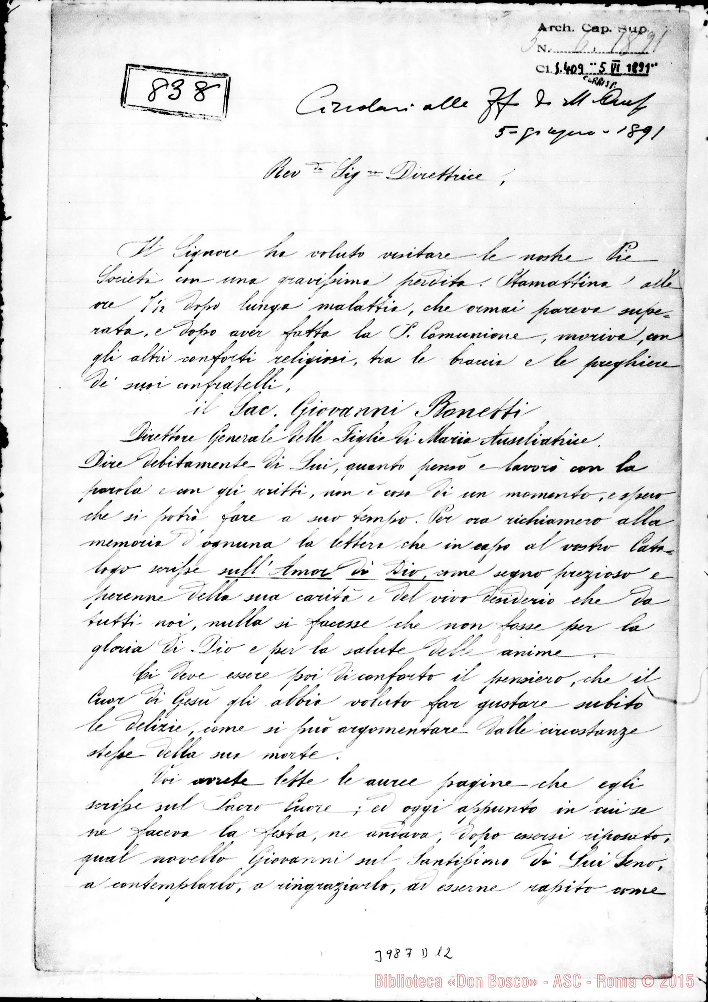Fotogramma D 12 — 12.. 5-06-1891: Morte di D. Bonetti. Ms. allogr.