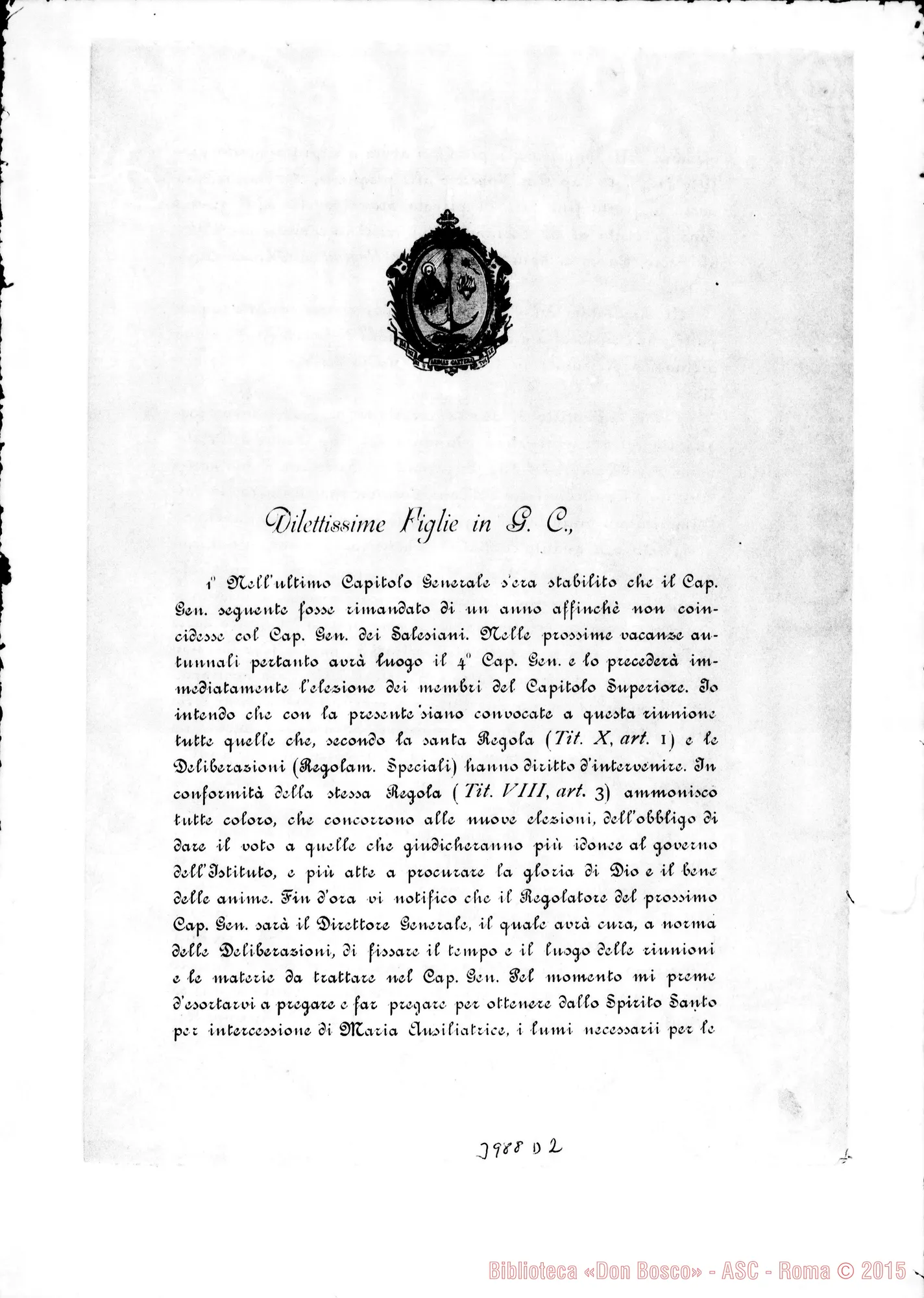 Fotogramma D 2 — 31-01-1899: Annunzia il IV Capitolo Generale. Ms. allogr. E stampato