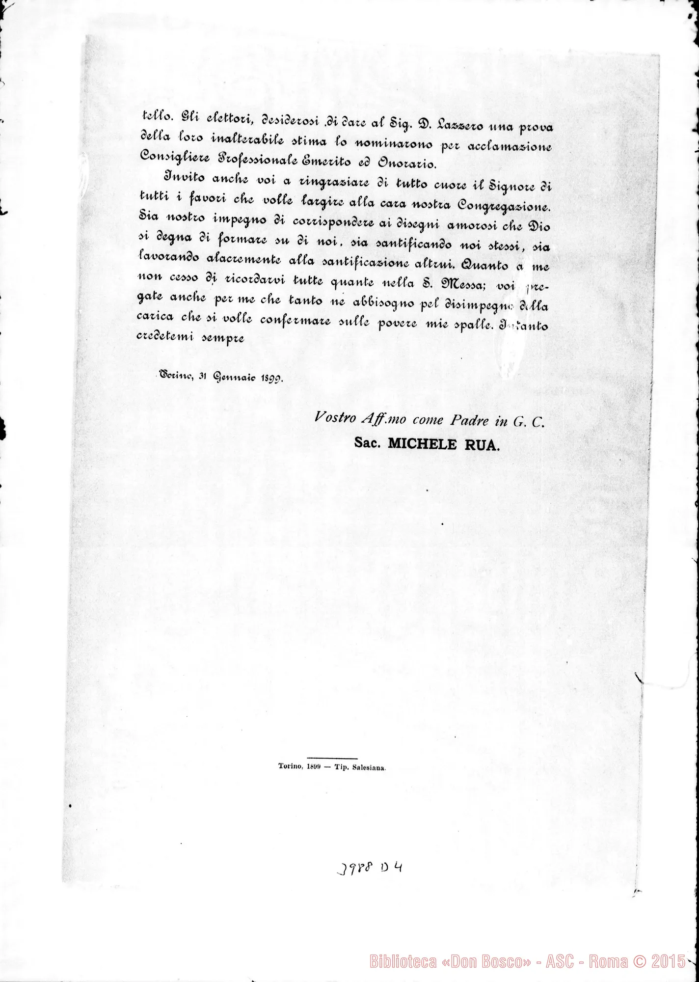 Fotogramma D 4 — 31-01-1899: Annunzia il IV Capitolo Generale. Ms. allogr. E stampato