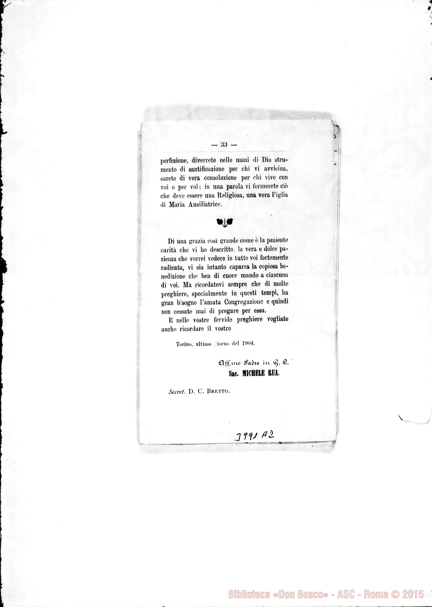 Fotogramma A 2 — 31-12-1904: «Cliaritatem habete, quod est vinculum perfectìonis». Stampato