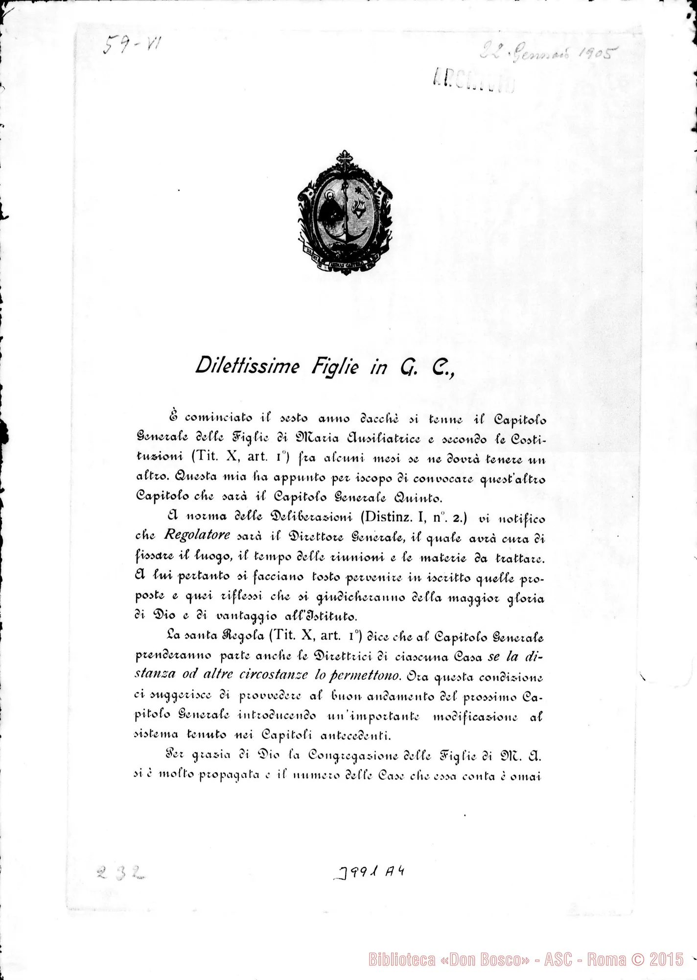 Fotogramma A 4 — 25-01-1905: Sul prossimo Capitolo Generale (quinto). Stampato